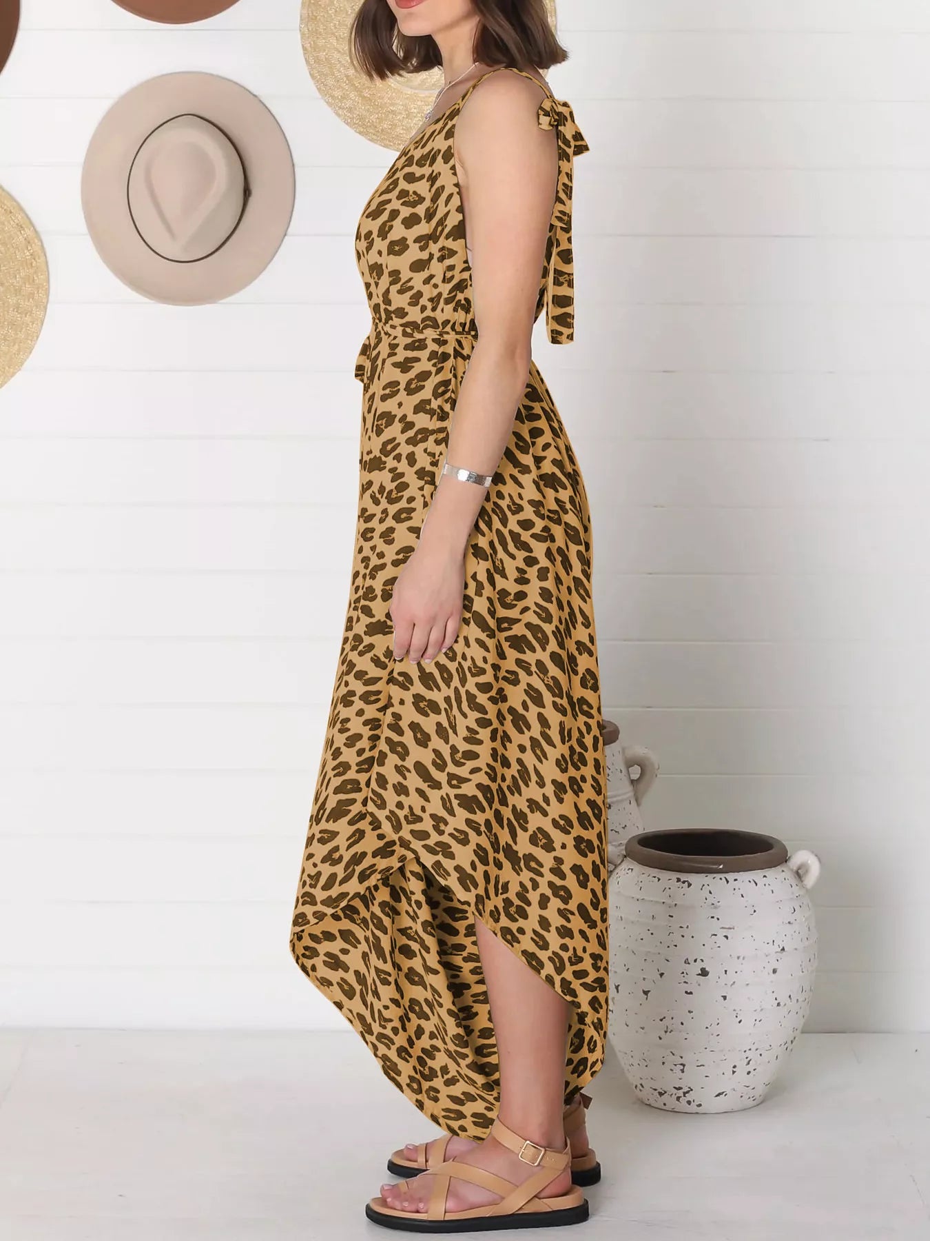 Plus Size Leopard Print V-Neck Wide Leg Jumpsuit with Tie.