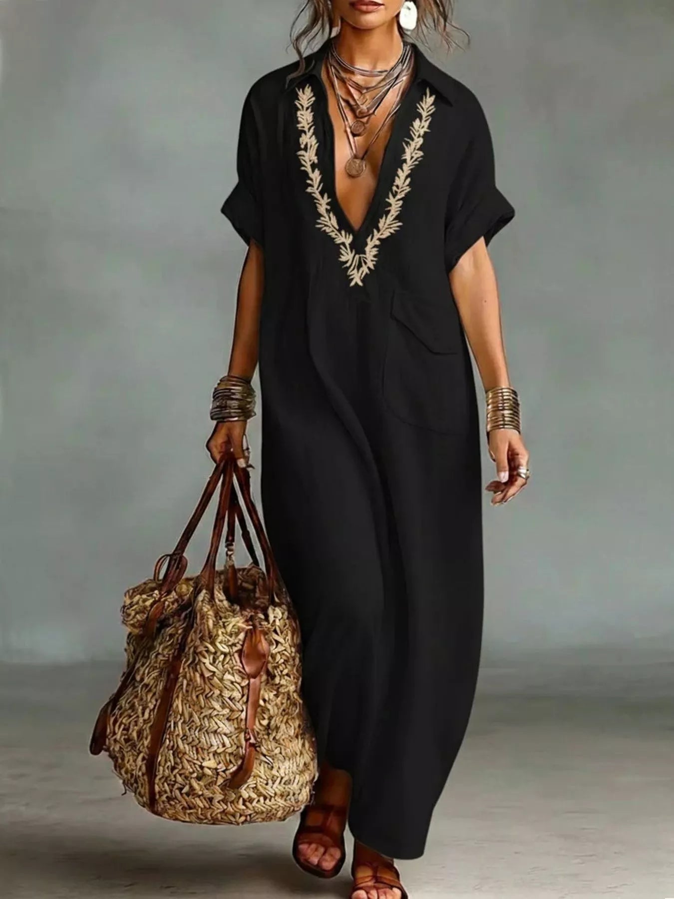 Bohemian embroidered maxi dress with short sleeves and V-neck, shown in apricot, black, blue, green and yellow