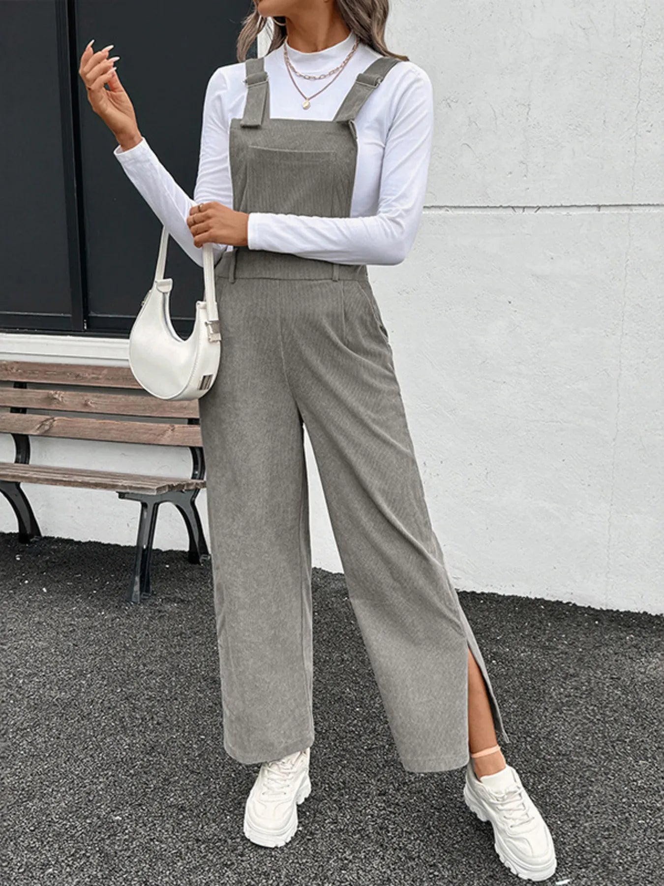 Slit Wide Leg Overalls with Pockets.