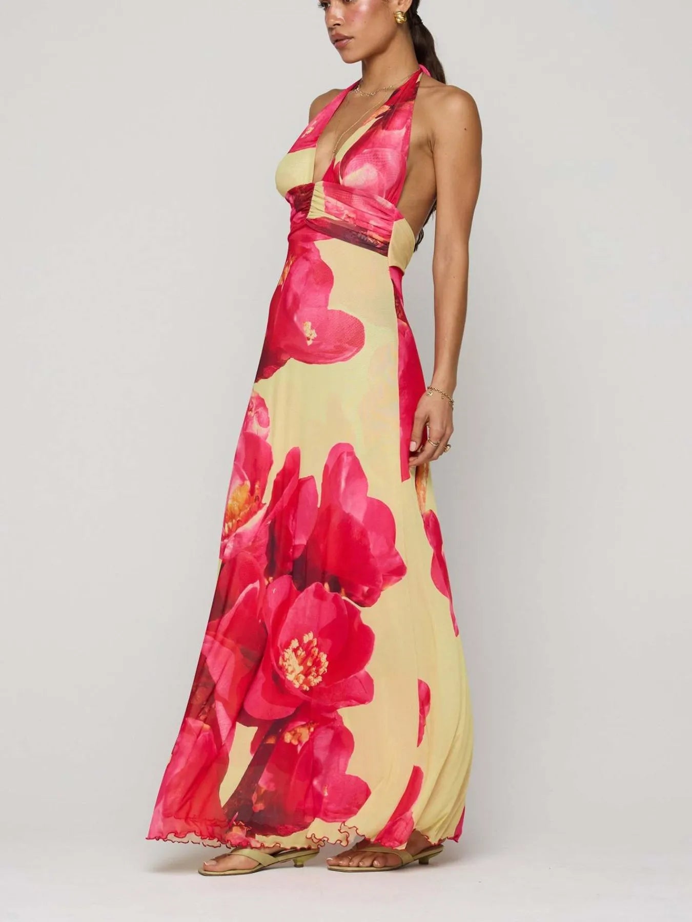 Floral Halter Neck Deep V Maxi Dress - Backless & Ruched.