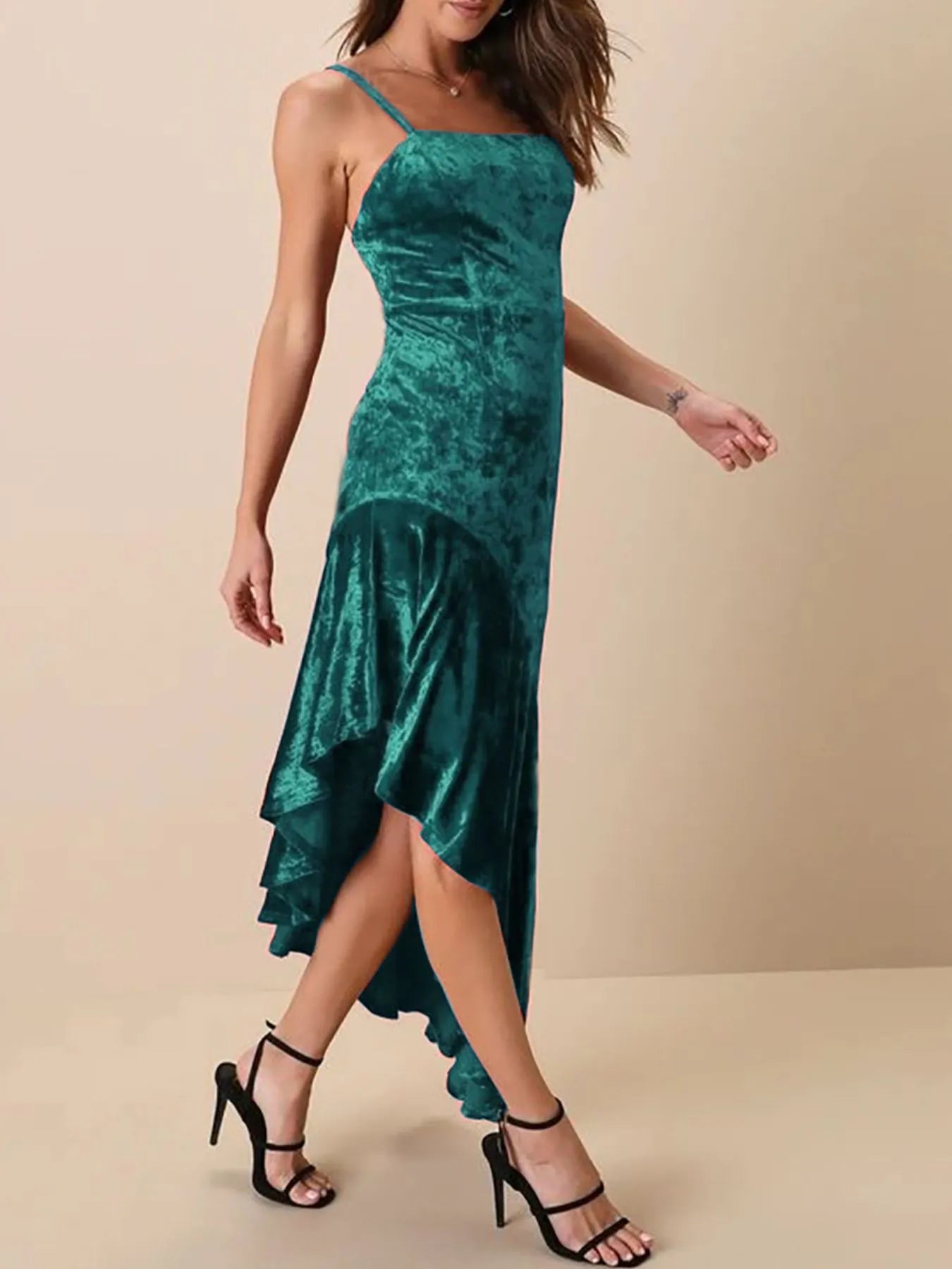 Asymmetrical Velvet Cami Dress with Ruffle Hem and Slit.