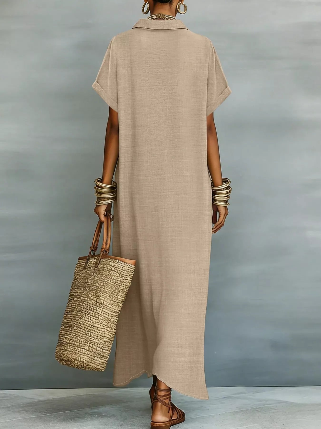 Beige maxi shirt dress with collared neckline, button-down front, short sleeves, and relaxed fit