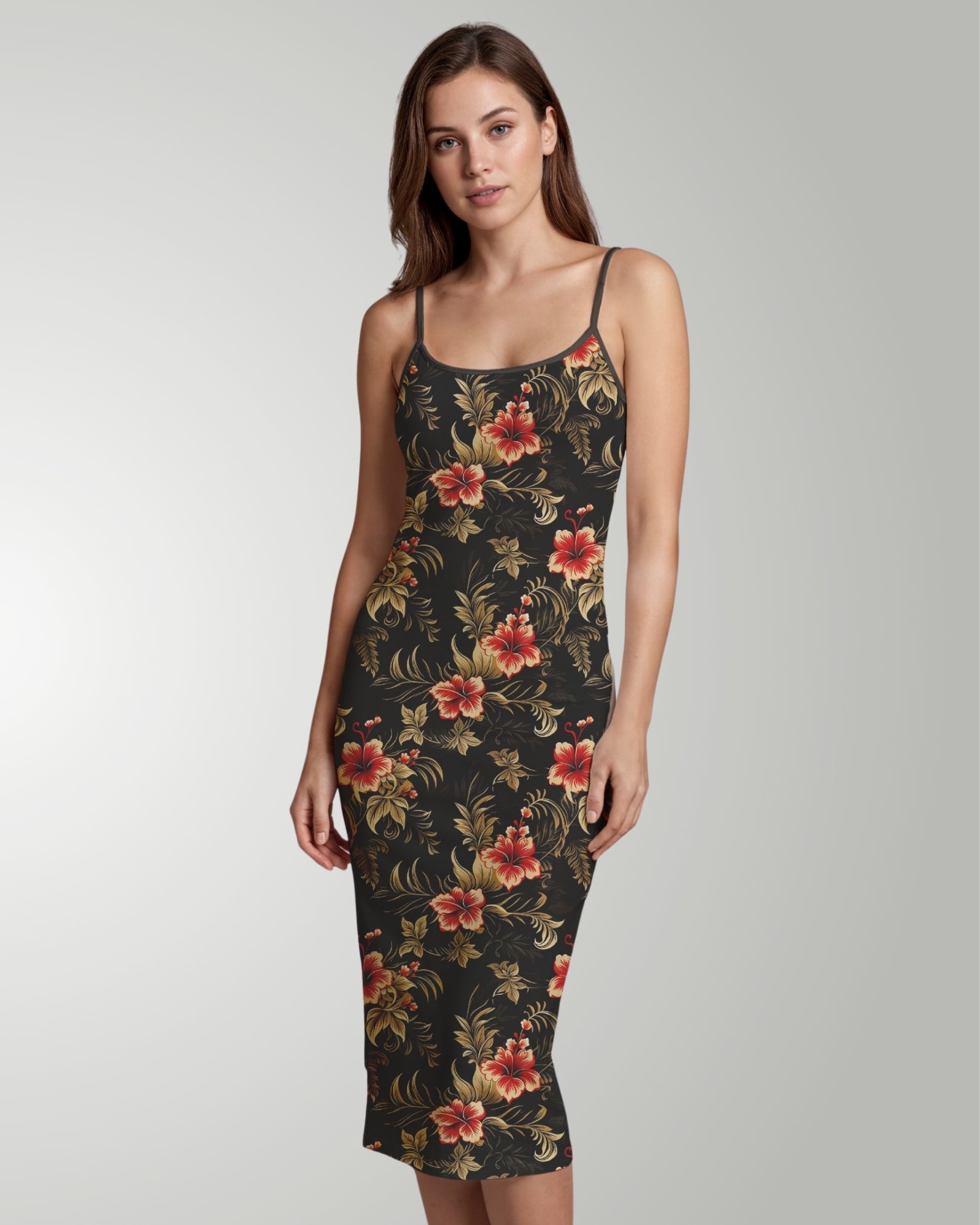 Womens Bodycon Midi Dress - Midnight Hibiscus