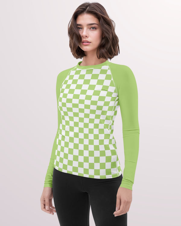 Green Checkerboard III Long Sleeve Rash Guard Top