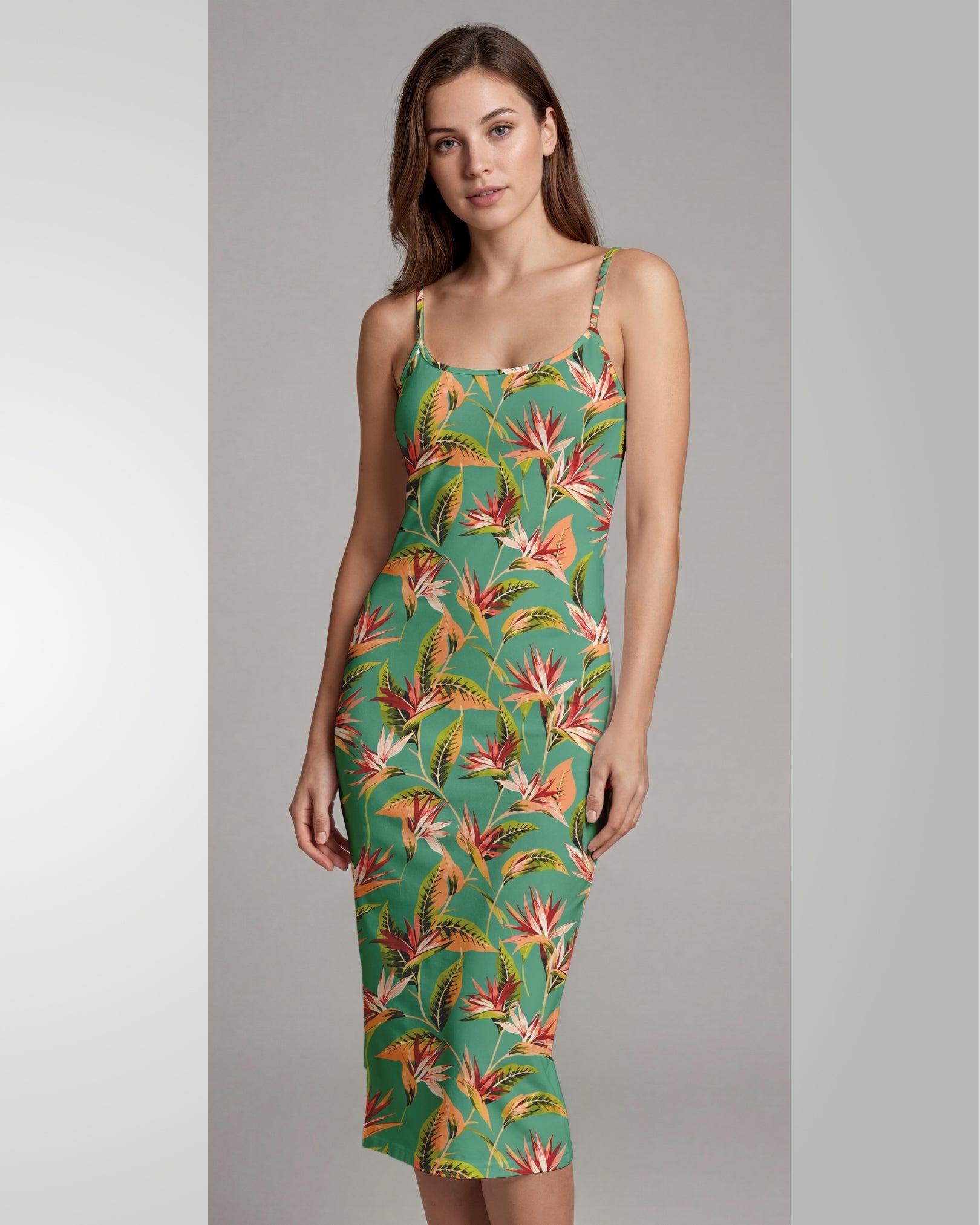 Womens Bodycon Midi Dress - Tropical Melody
