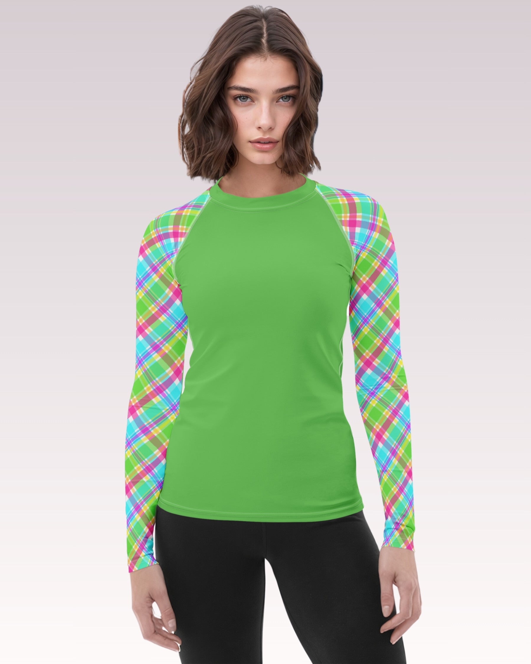 Neon Plaid III B Long Sleeve Rash Guard Top