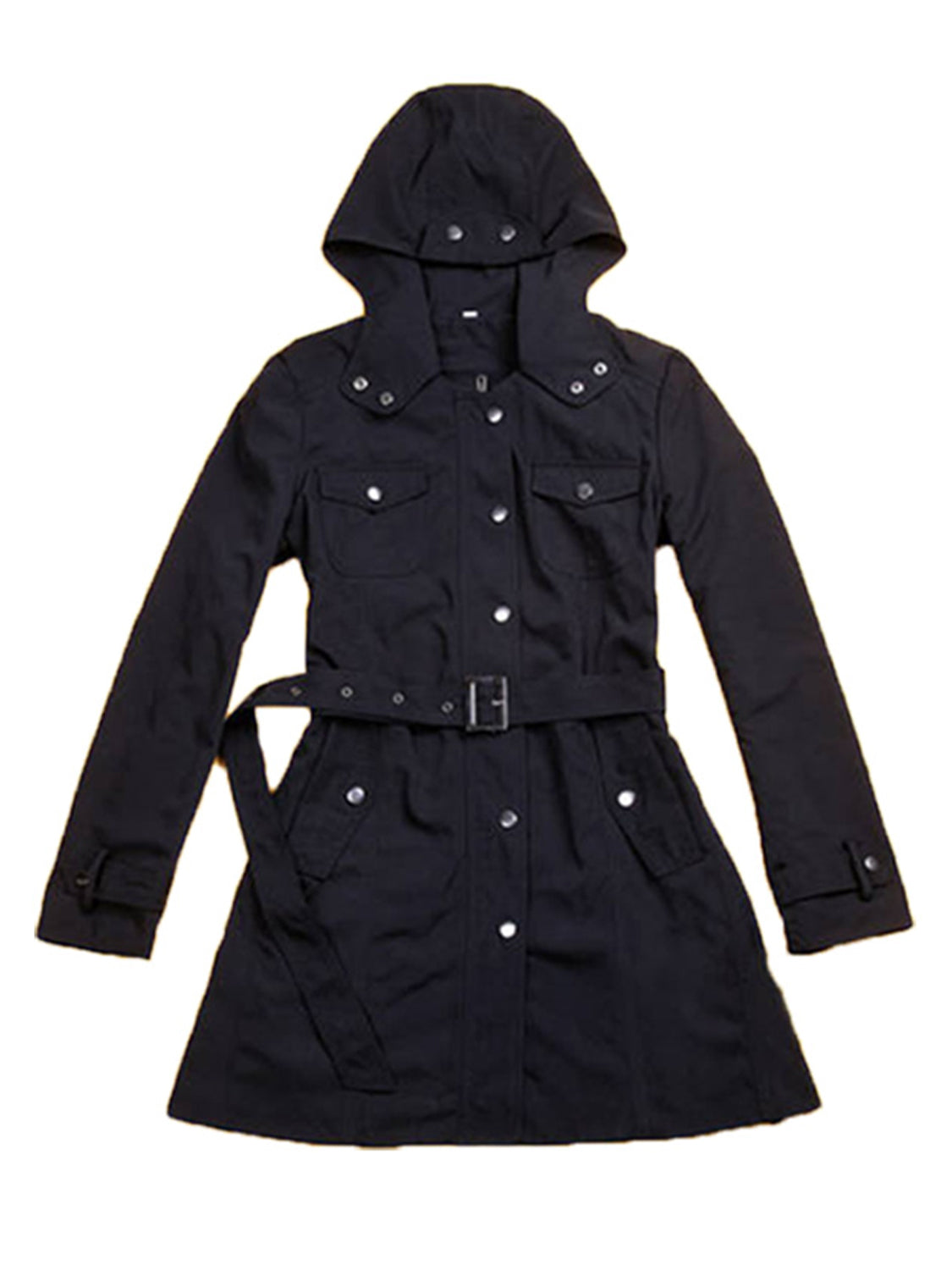Black hooded jacket with a buttoned front, flap pockets, adjustable cuffs, belted waist, and a long, gently flared silhouette.