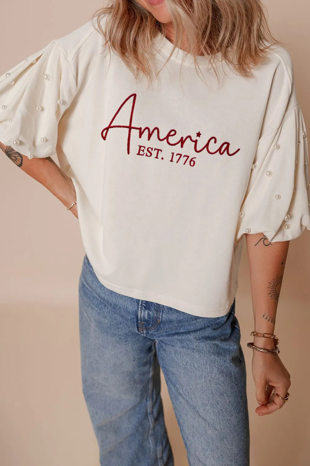 AMERICA EST 1776 Embroidered Pearl Beaded Sleeve T Shirt