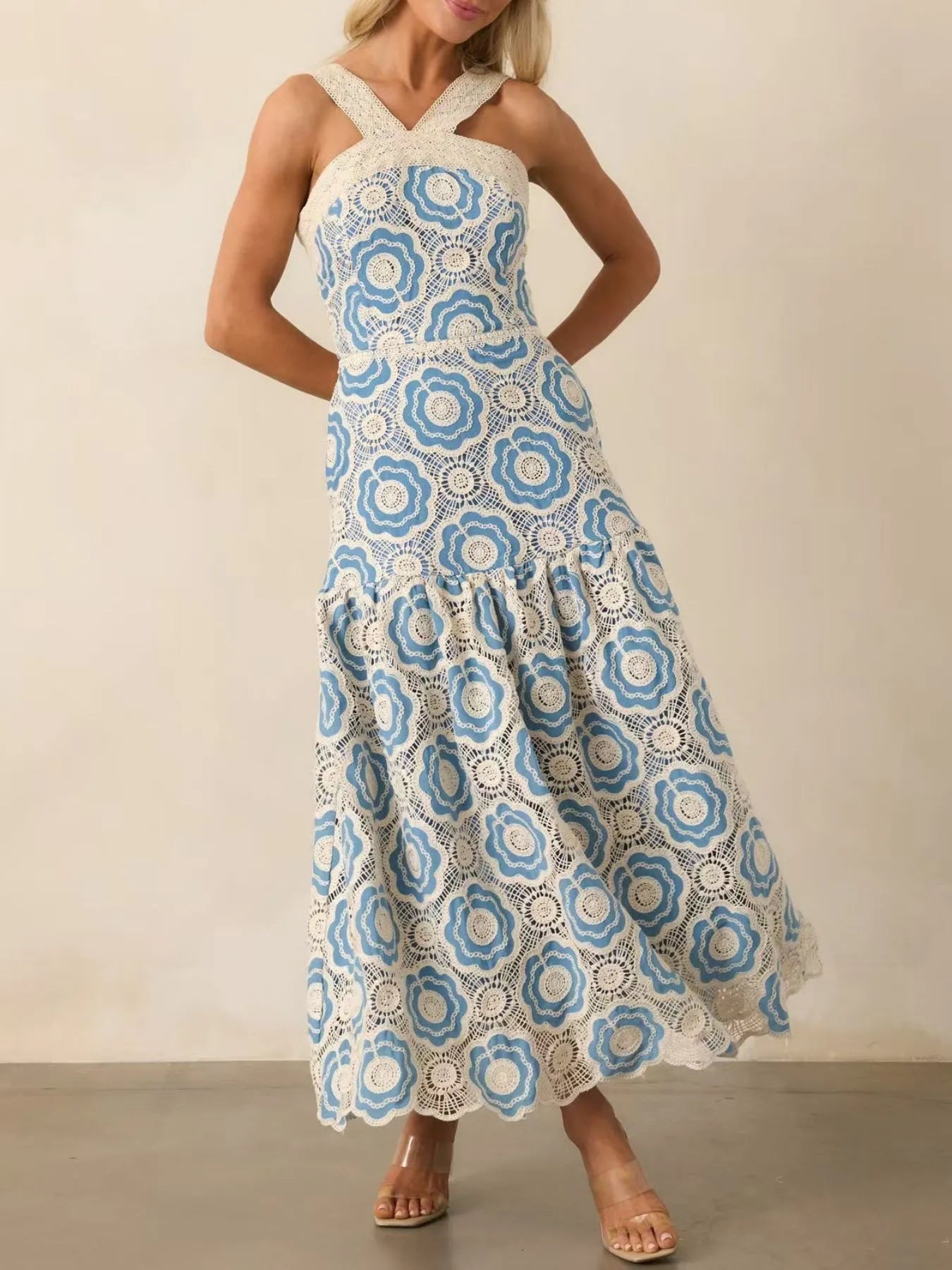 Plus Size Lace Up Halter Neck Denim Dress - Backless.