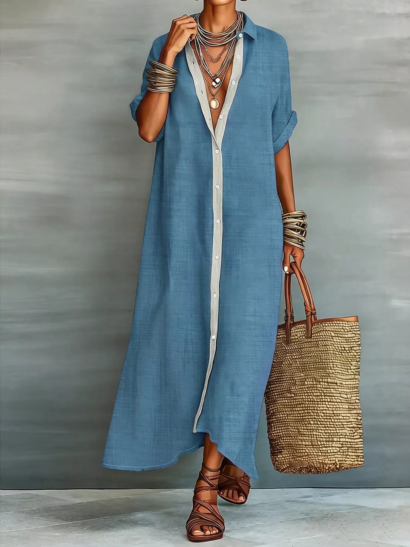 Beige maxi shirt dress with collared neckline, button-down front, short sleeves, and relaxed fit