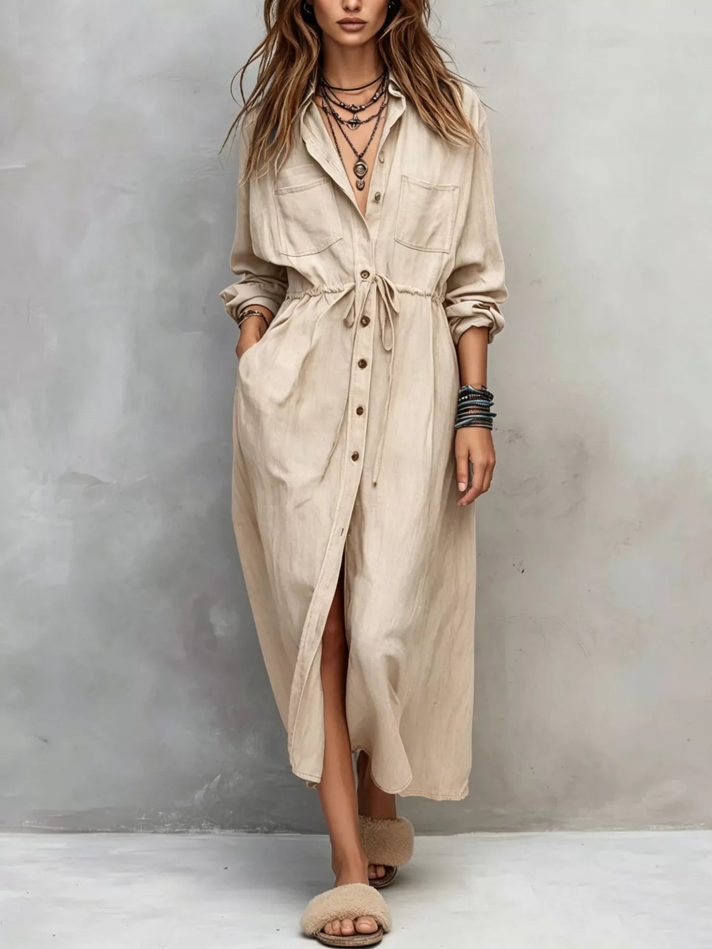 Plus size blue button-front shirt dress with long sleeves, drawstring waist, pockets, and side slit