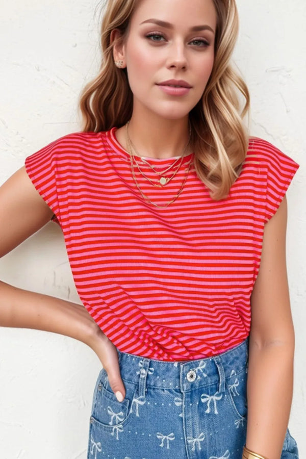 Stripe Ribbed Cap Sleeve Round Neck T Shirt