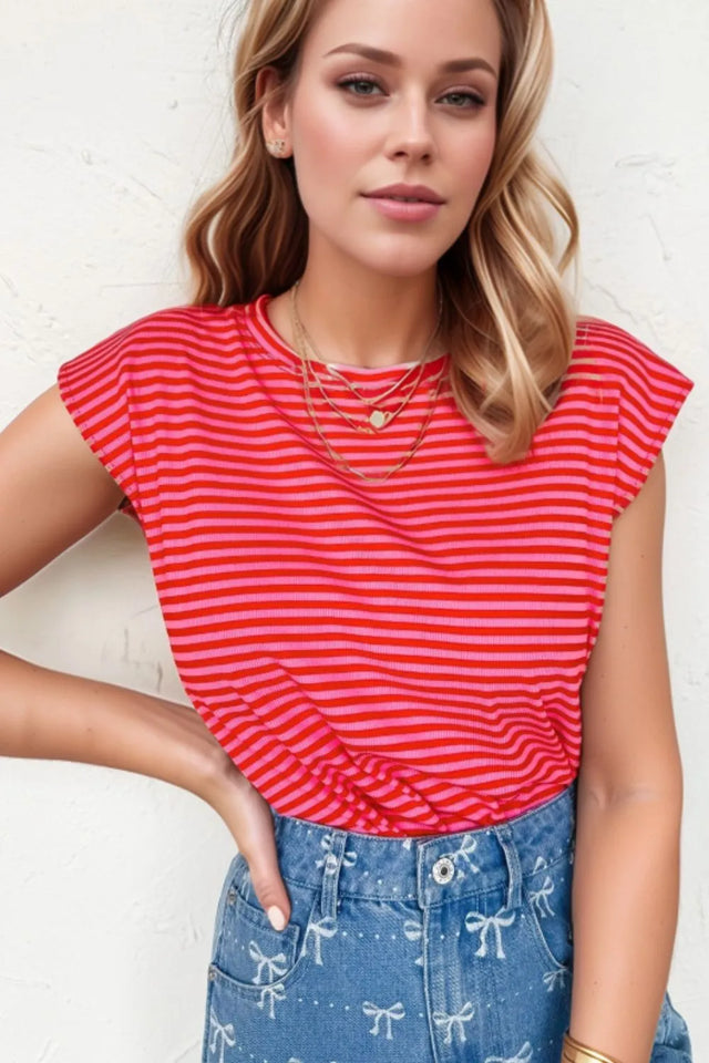Stripe Ribbed Cap Sleeve Round Neck T Shirt