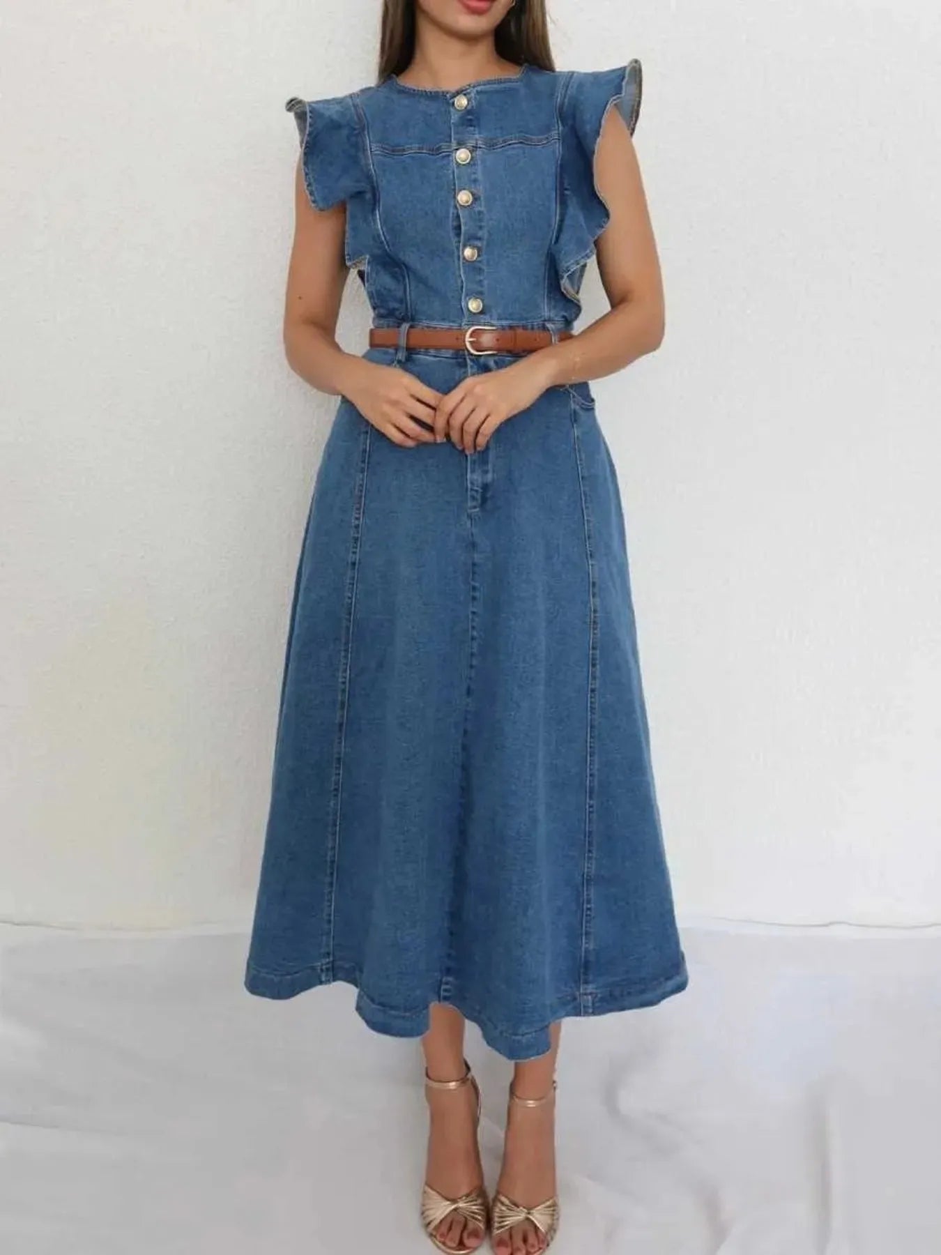 Button-Front Ruffle Sleeve Denim Midi Dress - Belted.
