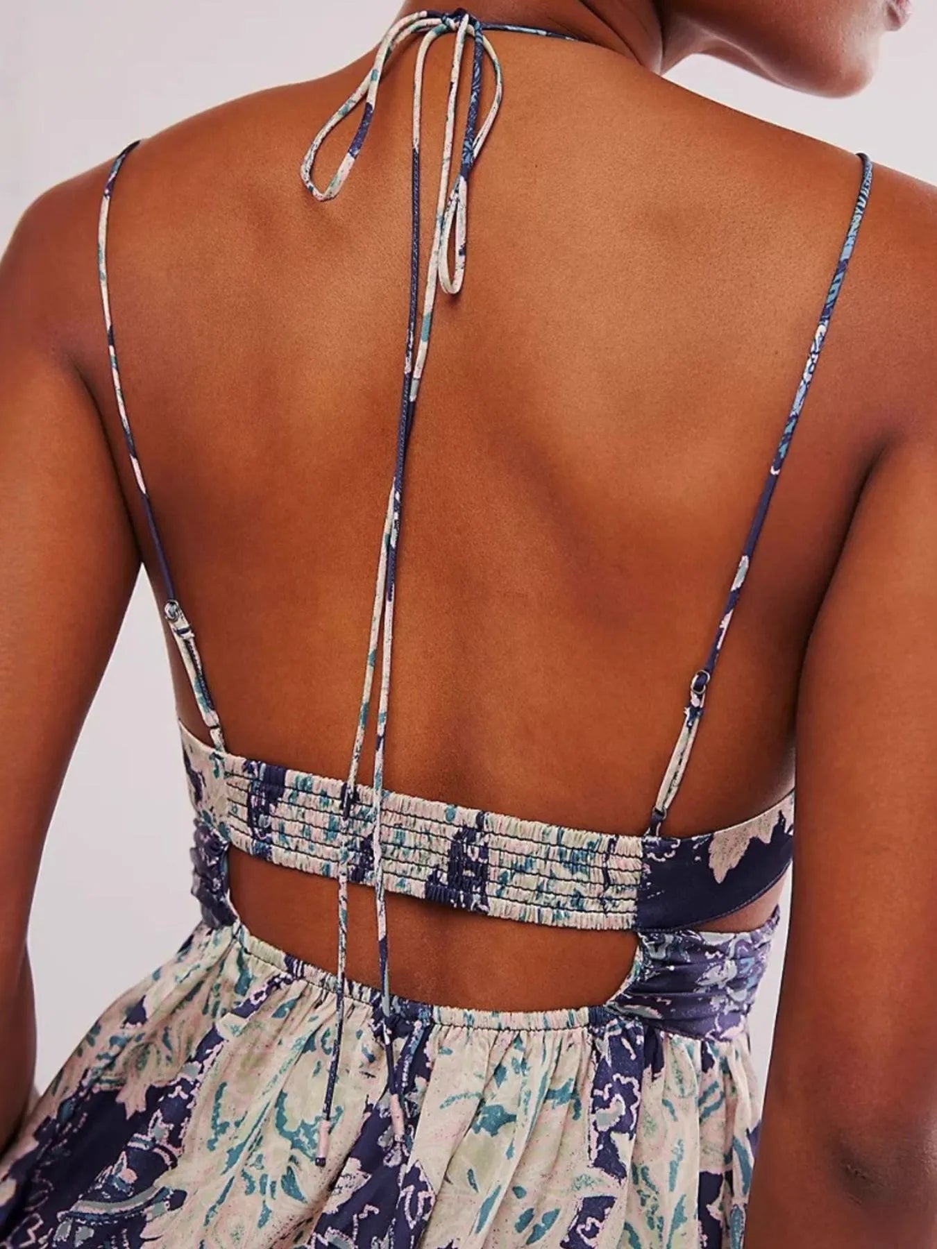 Floral Print Halter Neck Split Maxi Dress - Backless & Smocked.