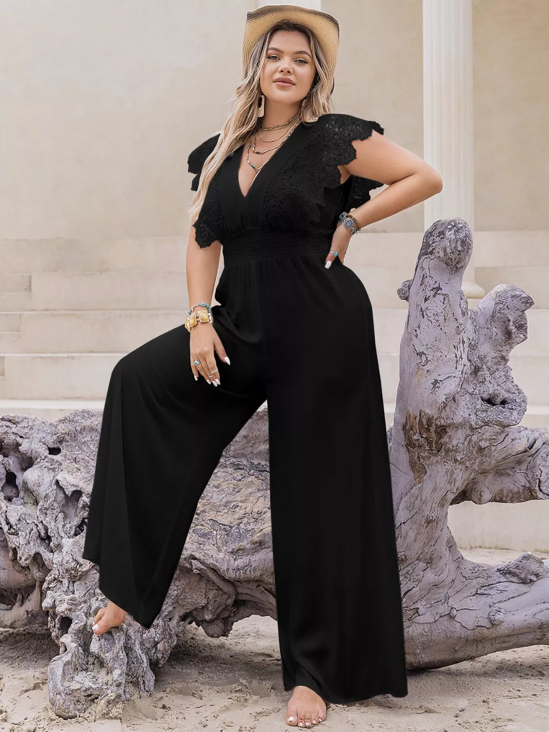 Plus Size Lace Cap Sleeve Wide Leg Jumpsuit with Buttons.
