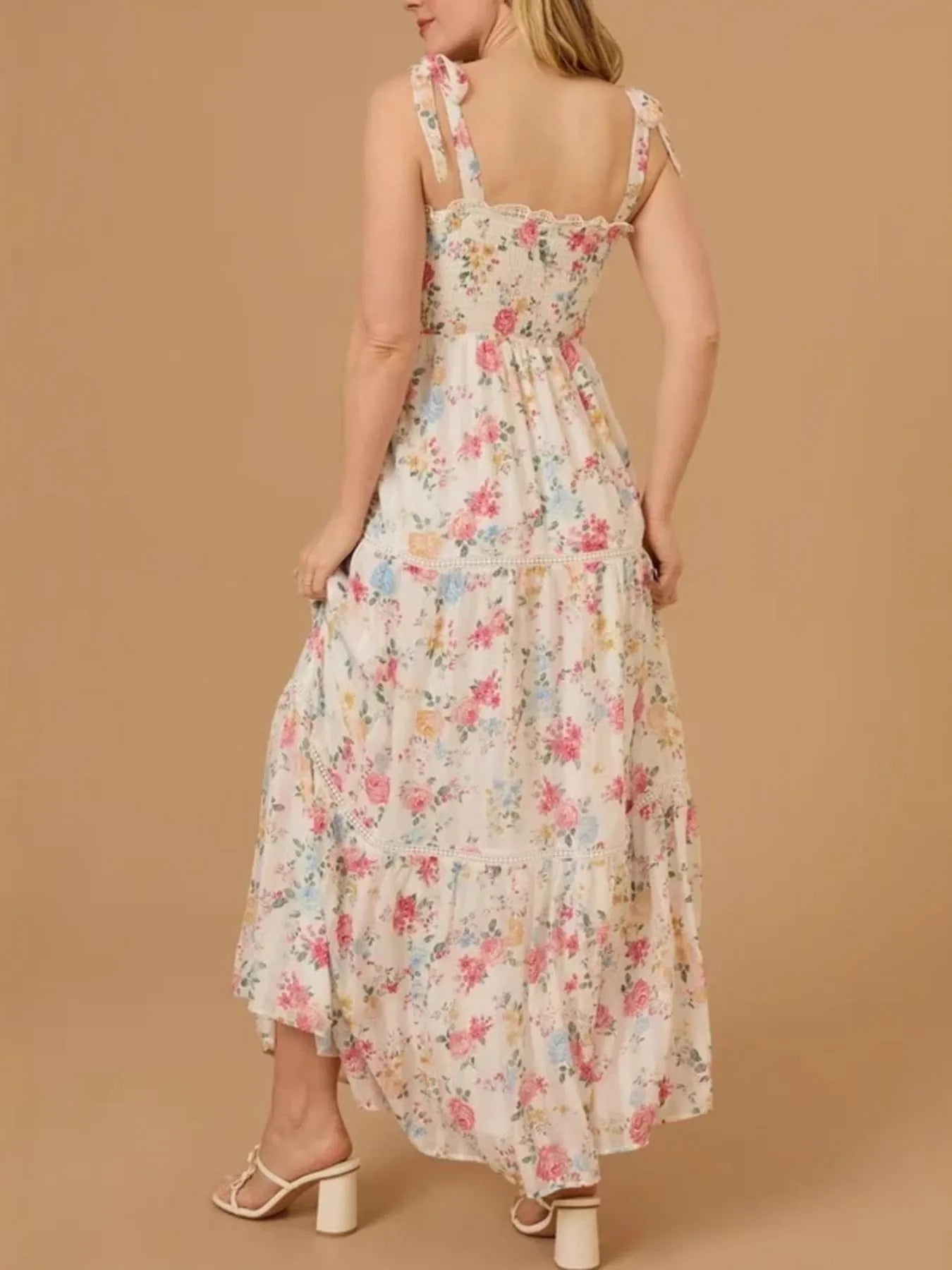 Floral Smocked Tie-Shoulder Midi Dress - Tiered.