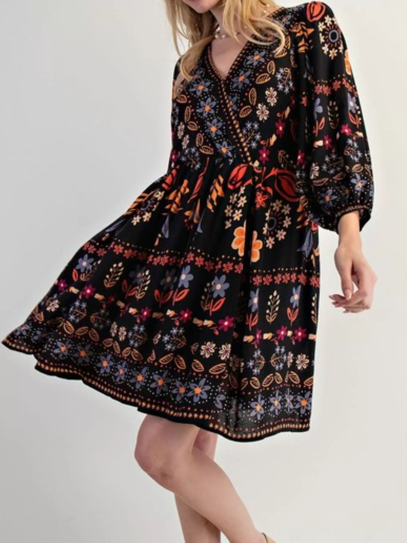 Bohemian Floral Print Long Sleeve Mini Dress with Pockets.
