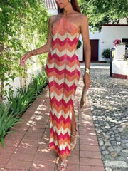 Chevron Pattern Halter Neck Sweater Dress with Slit.