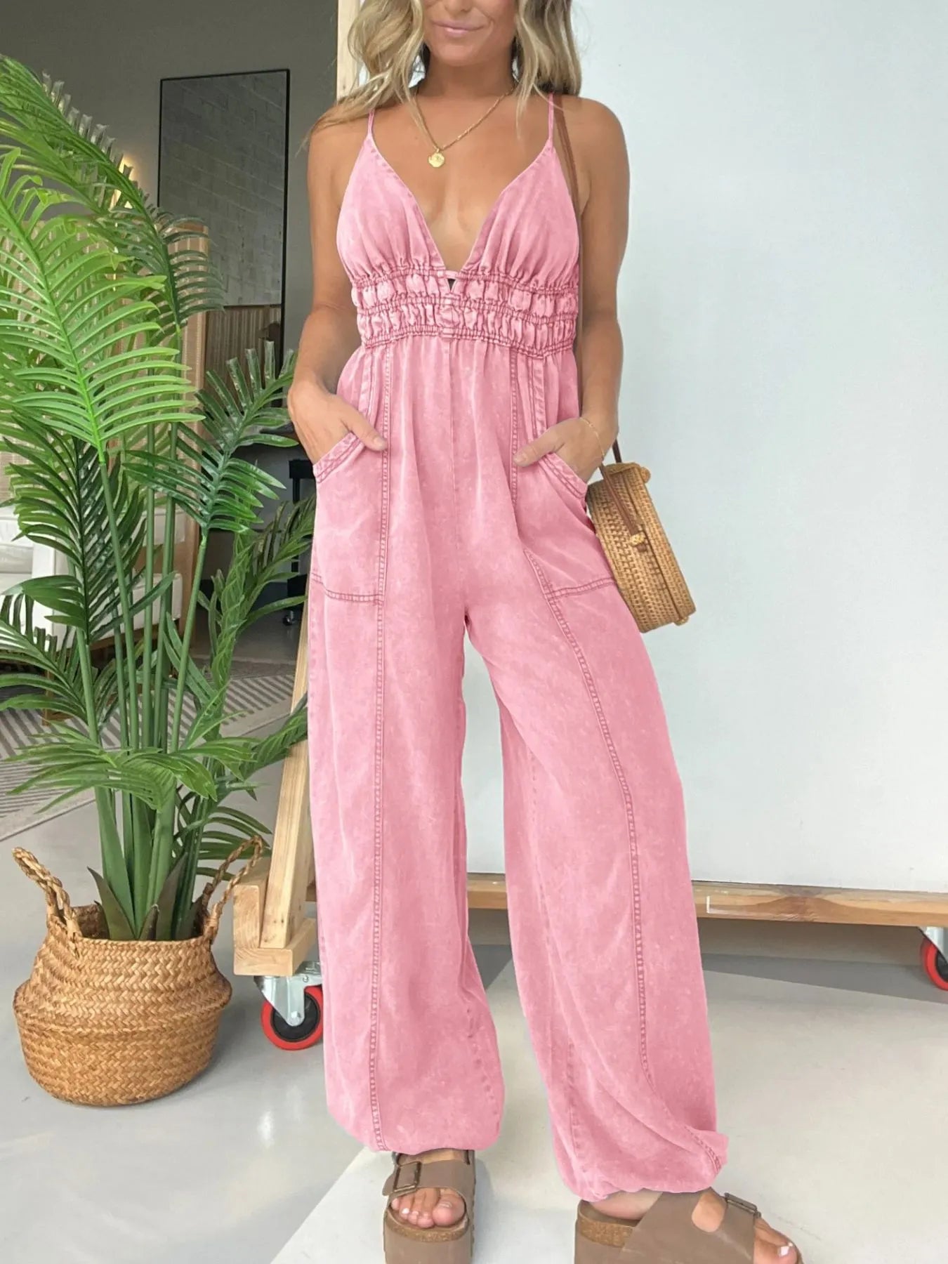 Plus Size Wide Leg Spaghetti Strap Jumpsuit with Pockets and Smocked.