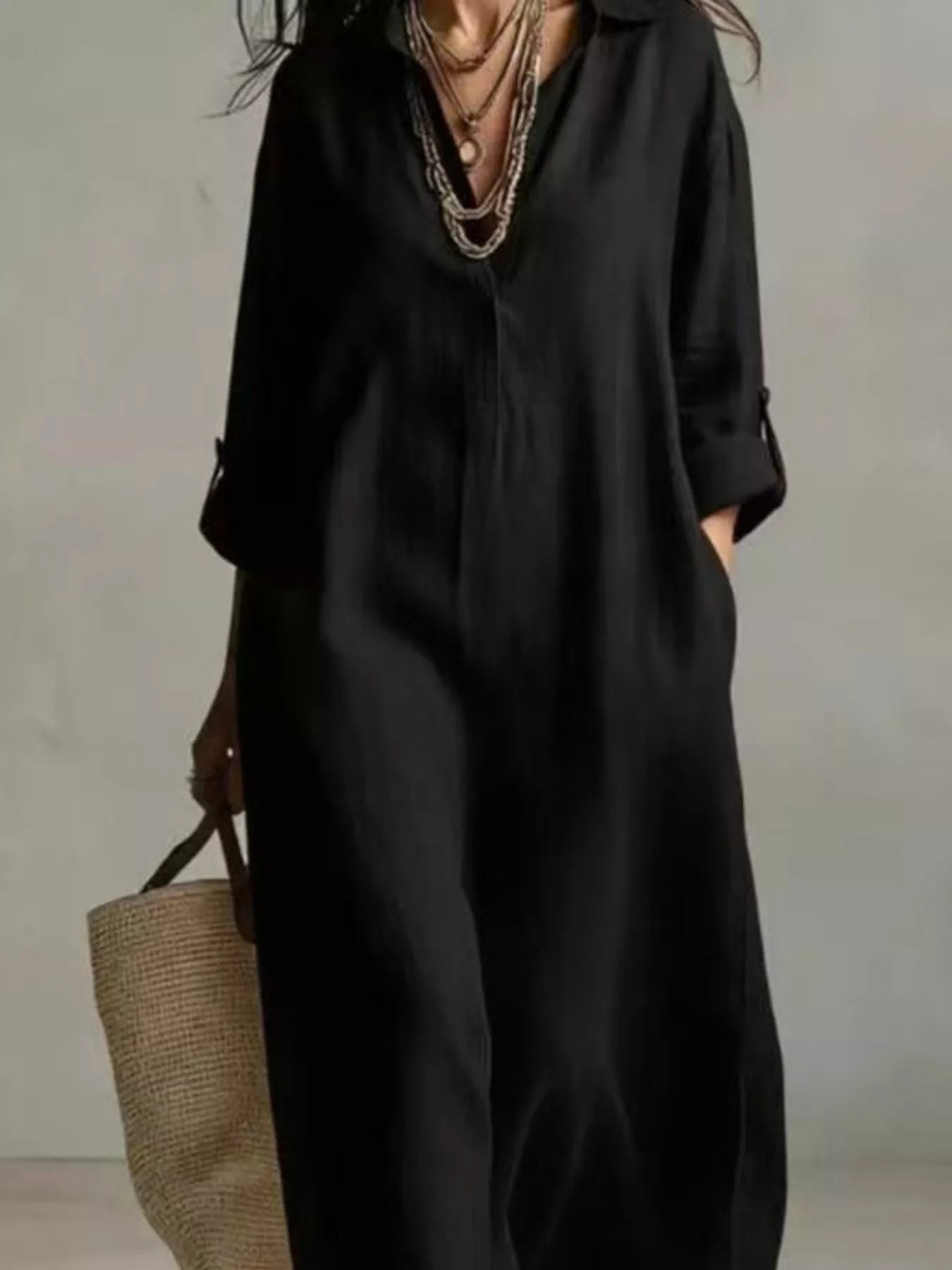 Relaxed plus-size cream midi shirt dress with collar, pockets, button front, and short sleeves