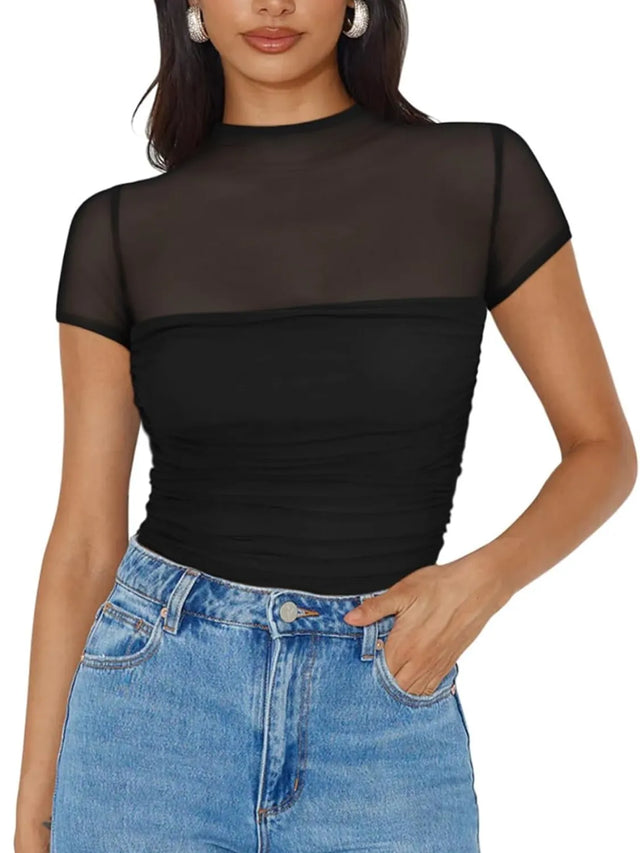 Mesh Mock Neck Short Sleeve T-Shirt