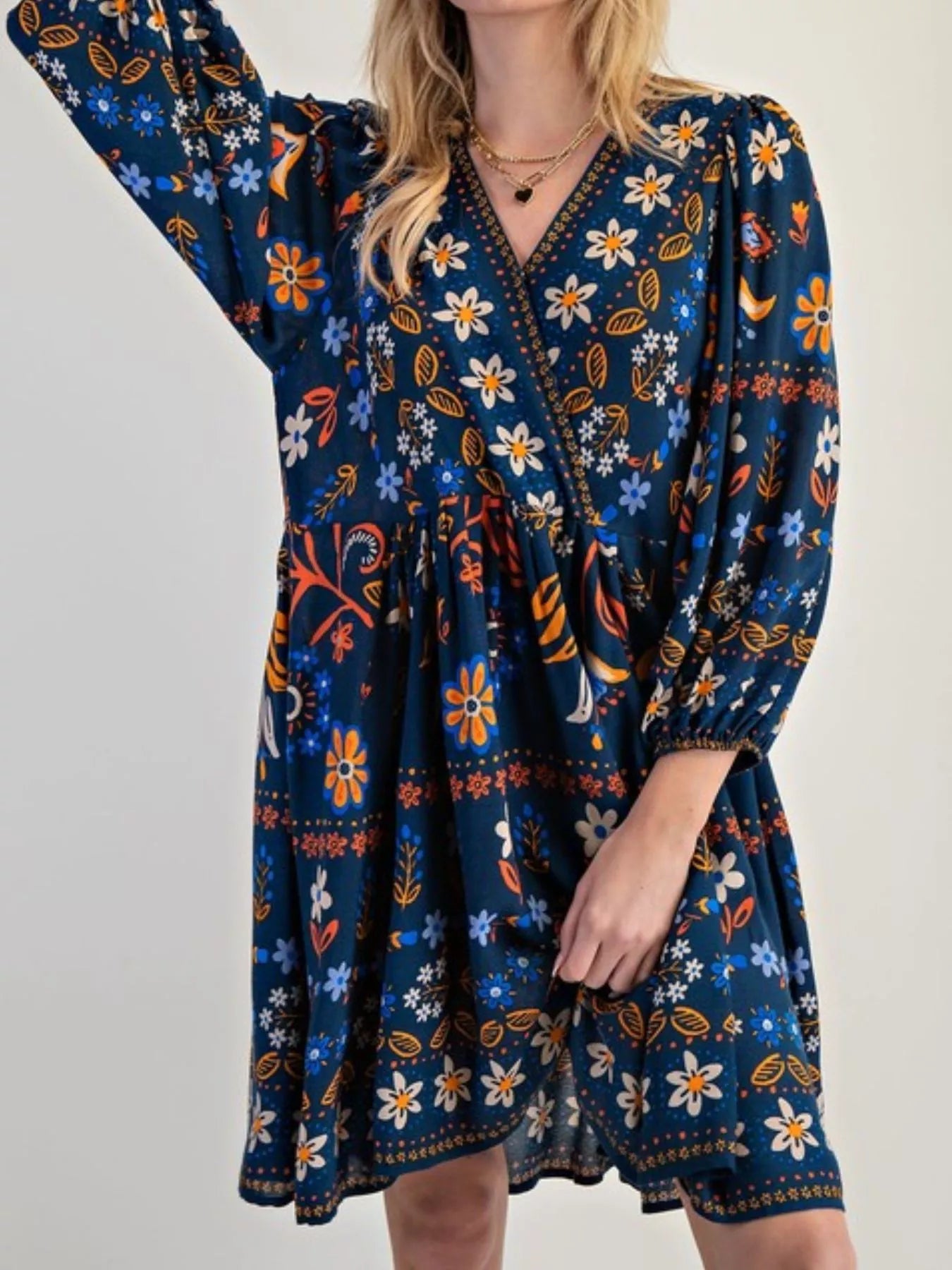 Bohemian Floral Print Long Sleeve Mini Dress with Pockets.