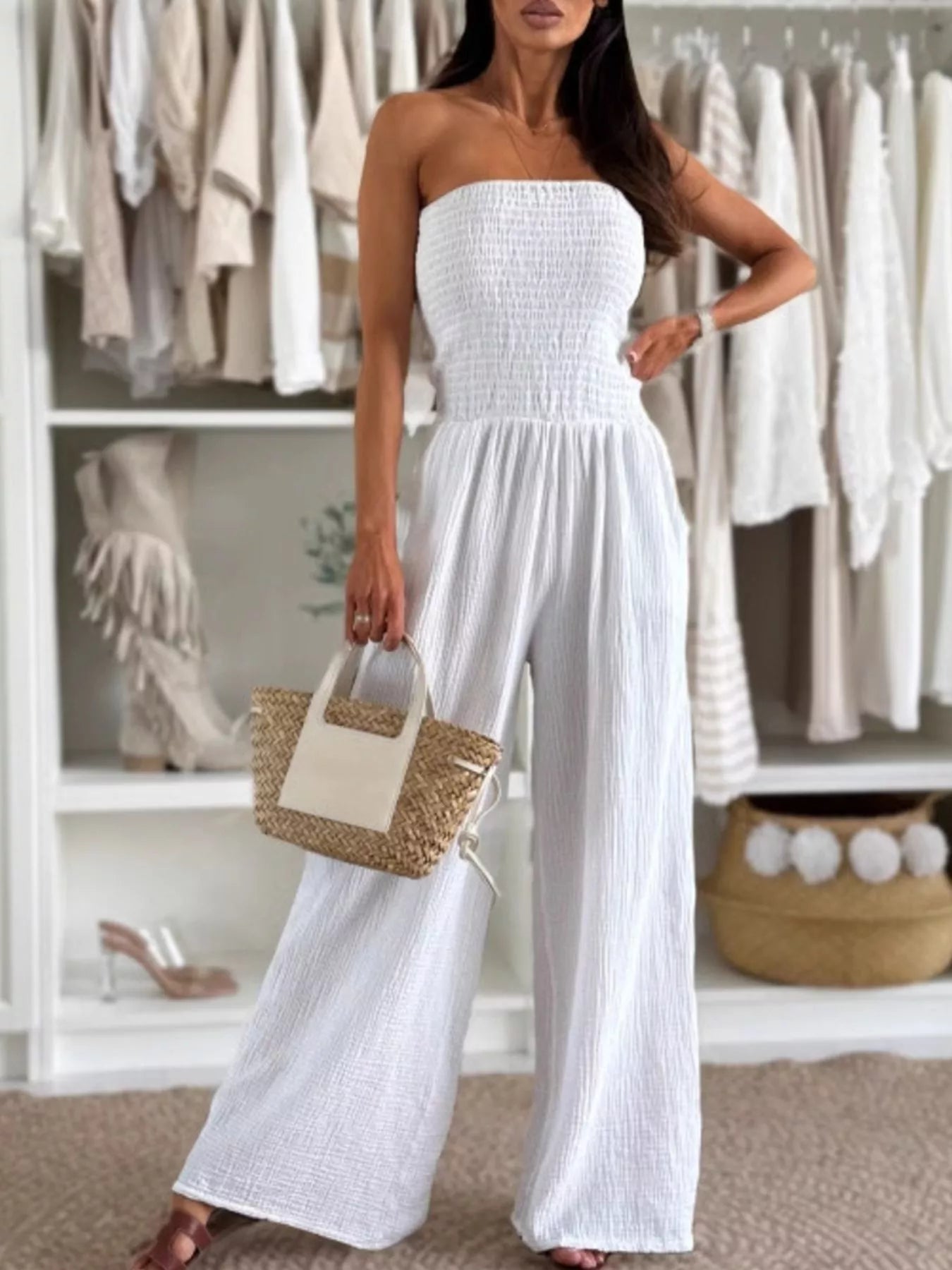Smocked Tube Wide-Leg Jumpsuit.