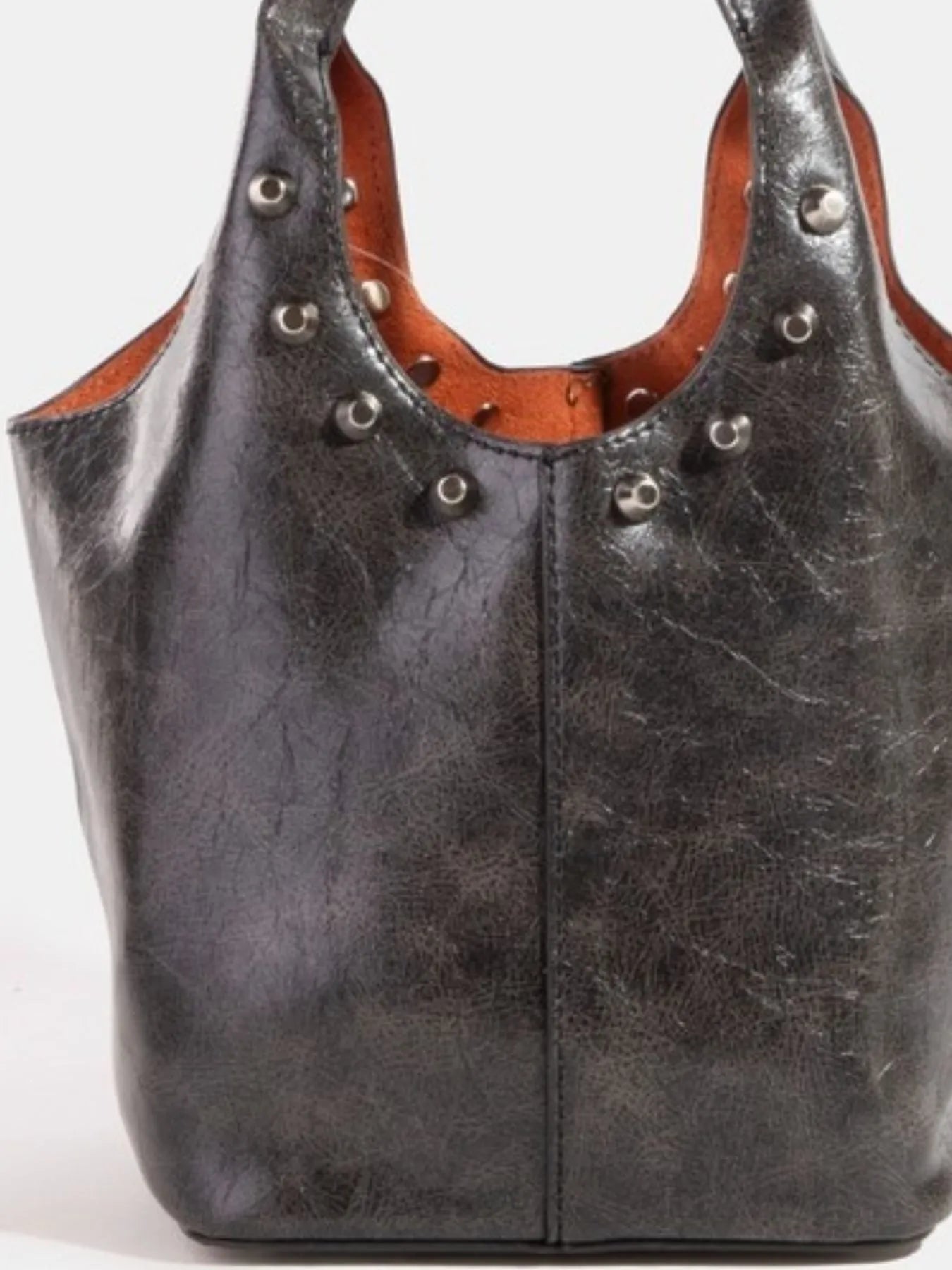 Weathered Faux Leather and Studs Bucket Bag - Black Tote.