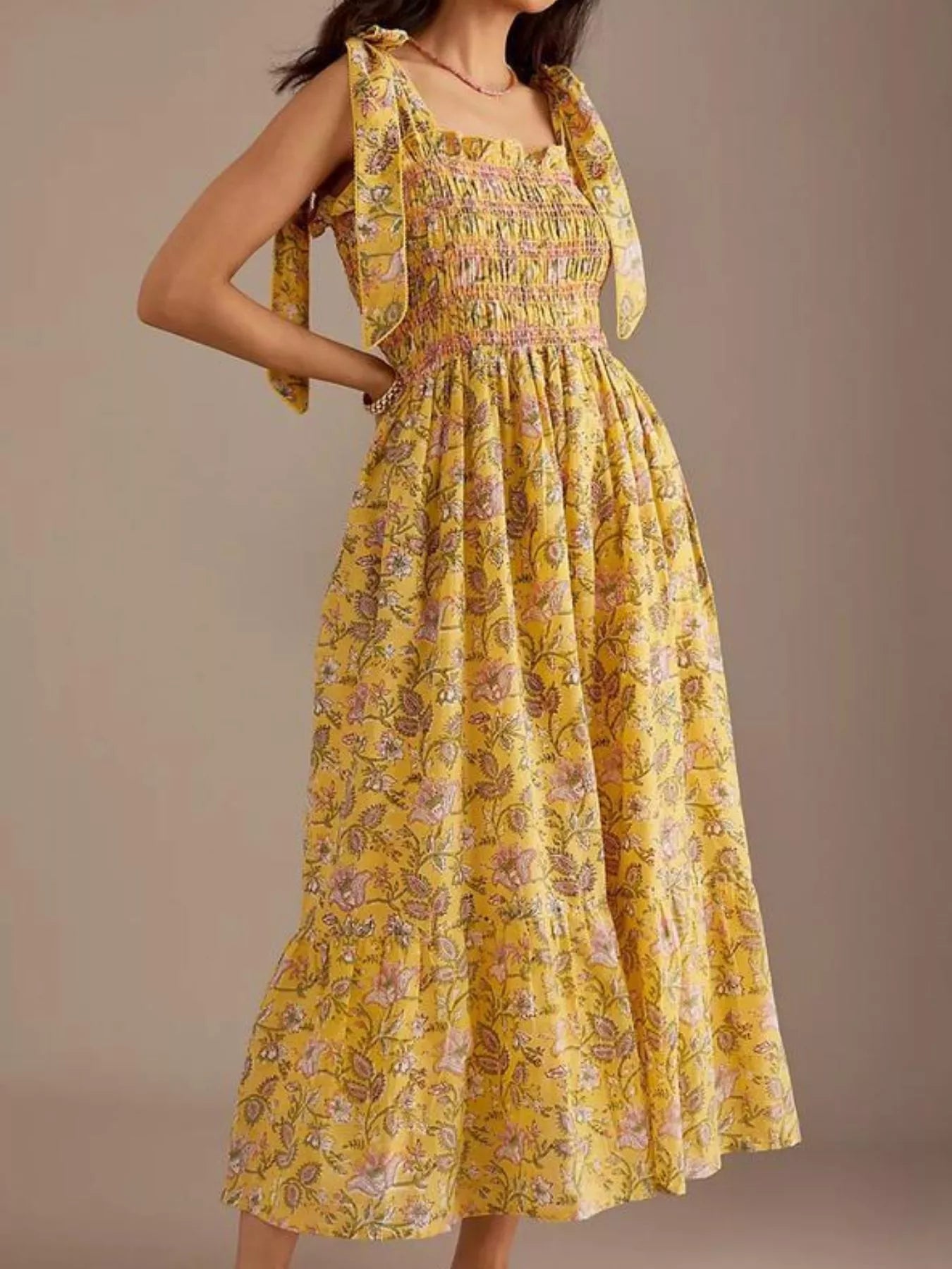 Floral Square Neck Puff Sleeve Maxi Dress with Ruffle Hem.