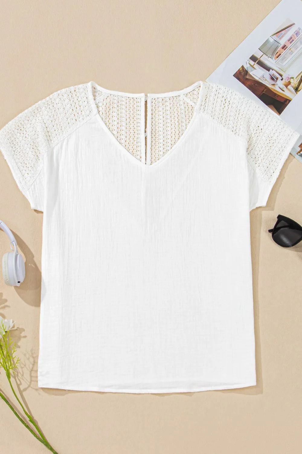 Lace Crochet Textured Button Back V Neck T Shirt
