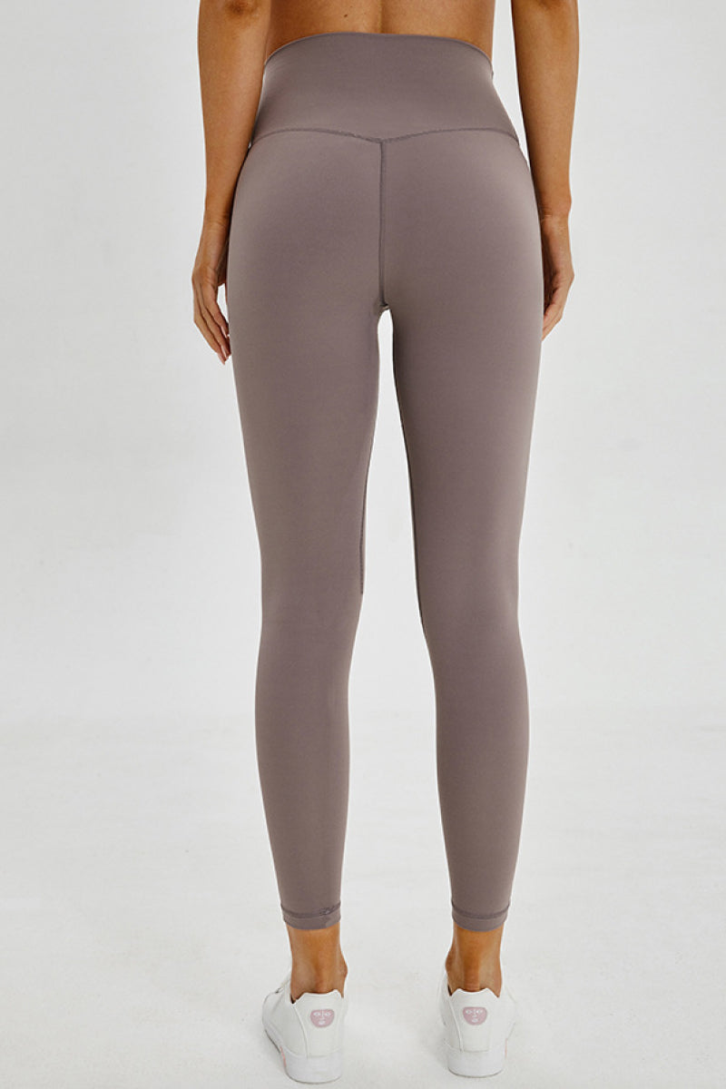 Model shown from behind wearing taupe seamless sports leggings with a wide high-rise waistband, fitted full-length silhouette, and subtle seam construction.