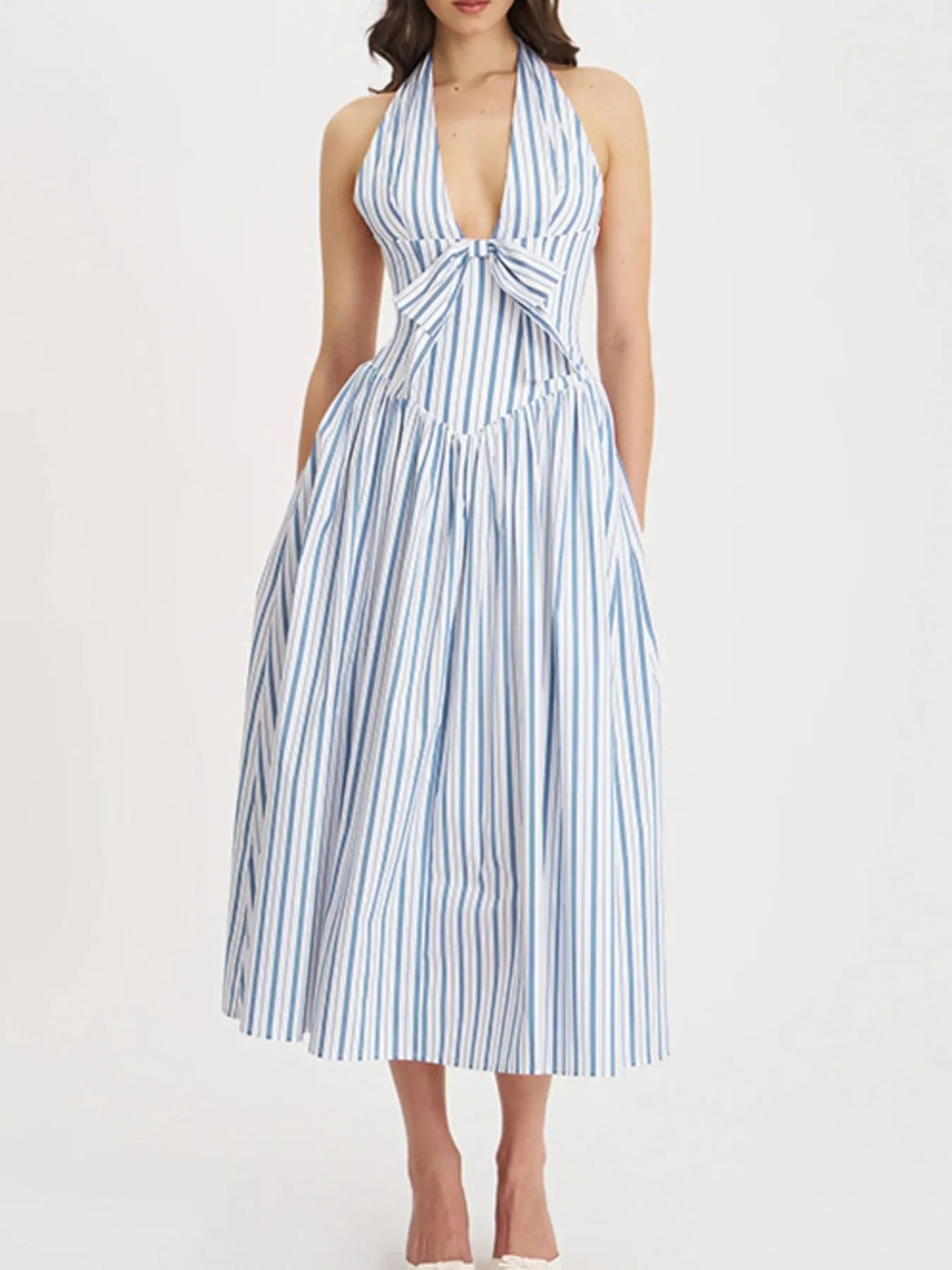 Striped Oversized Half Button Shirt Dress with Pockets.