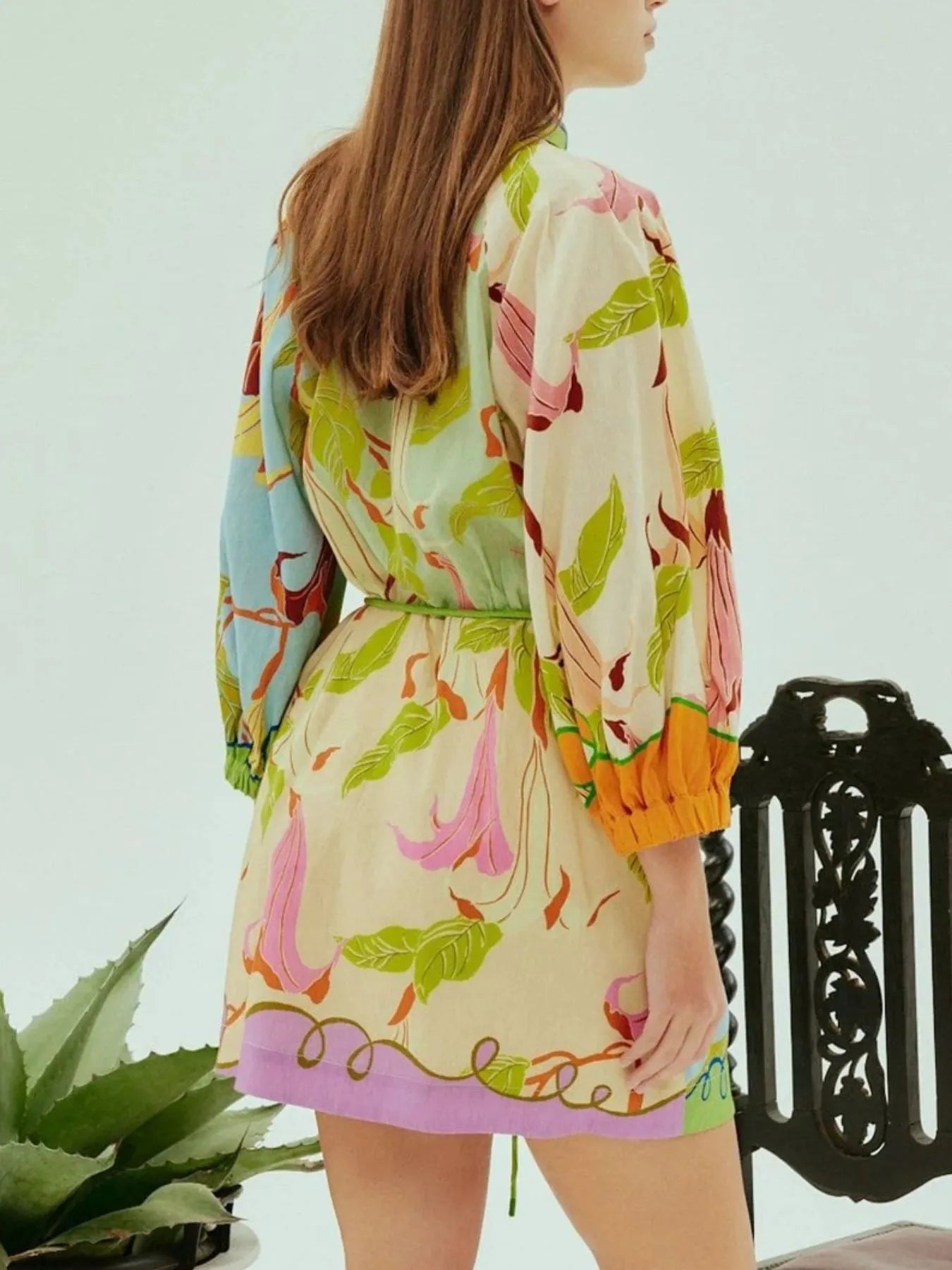 Abstract Print Tie Front Mini Shirt Dress with Pockets.