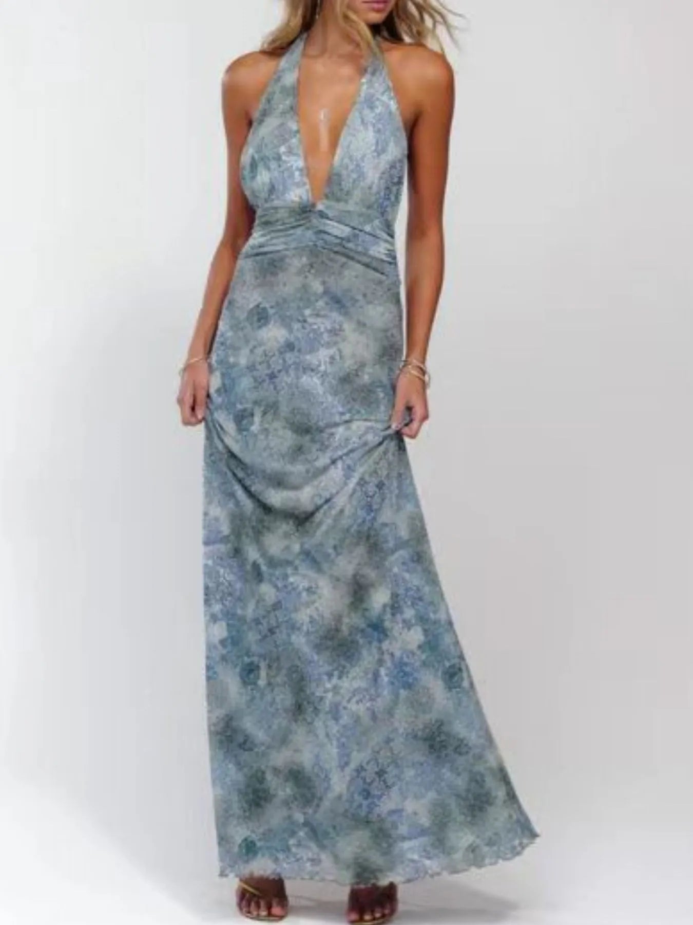 Floral Halter Neck Deep V Maxi Dress - Backless & Ruched.