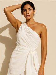 Plus Size Ruched Round Neck Sleeveless Dress - Asymmetrical.