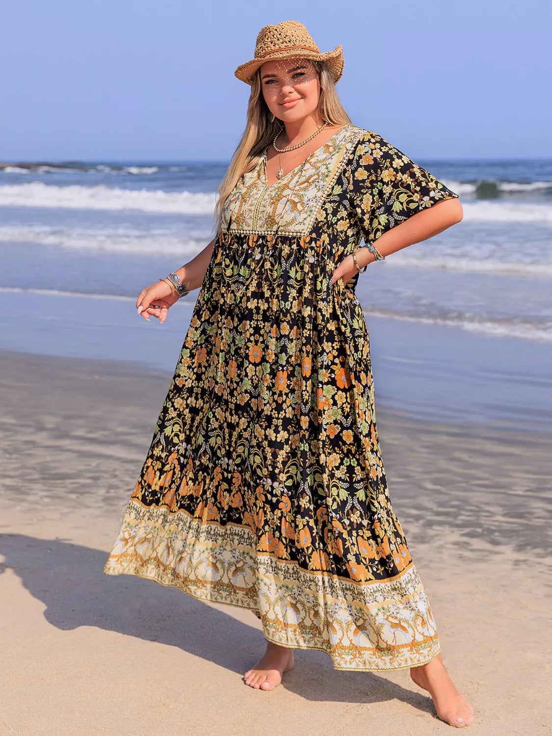 Plus Size Boho Ruffled Maxi Dress with Flutter Sleeves - Basic.
