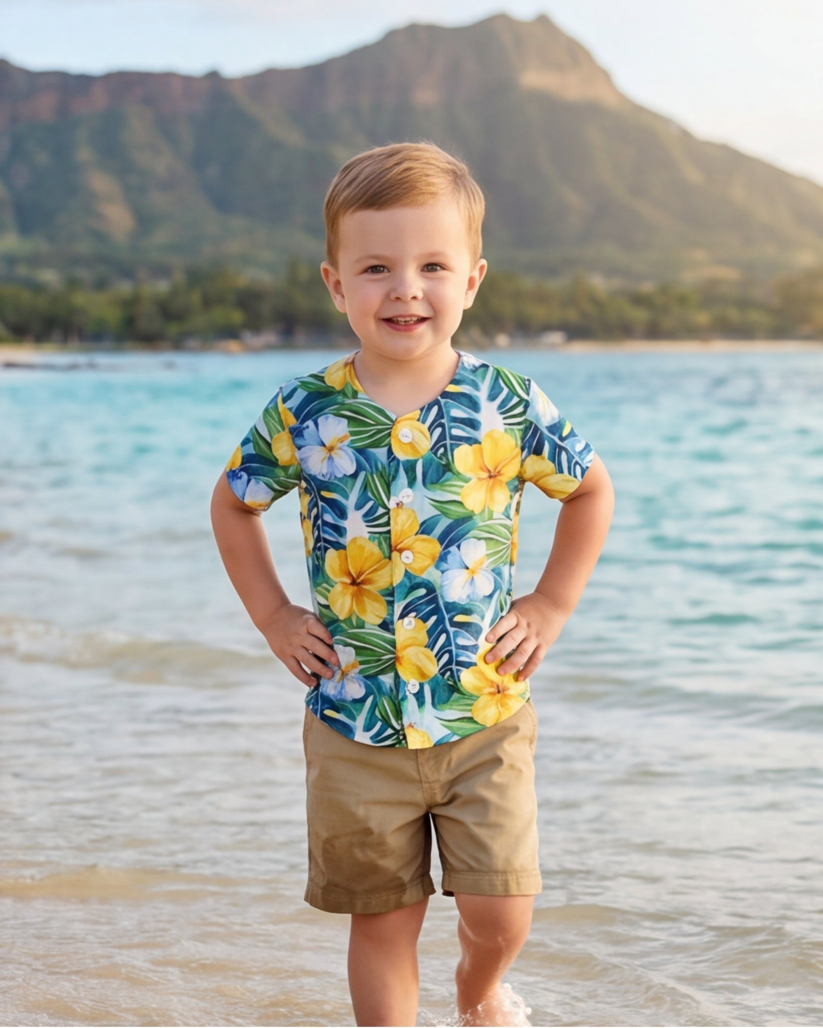 Childs Button Jersey - Yellow Hibiscus