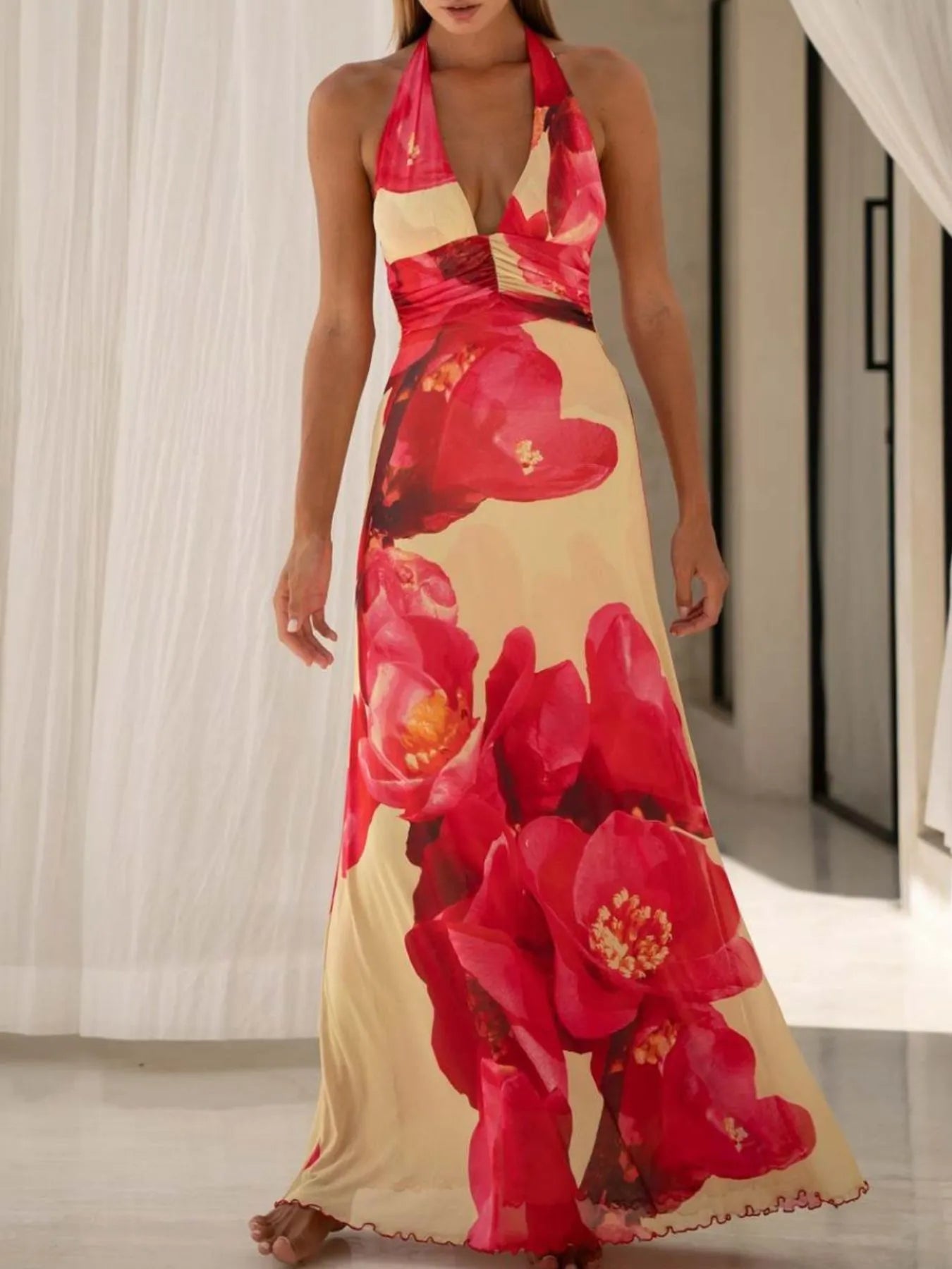 Floral Halter Neck Deep V Maxi Dress - Backless & Ruched.
