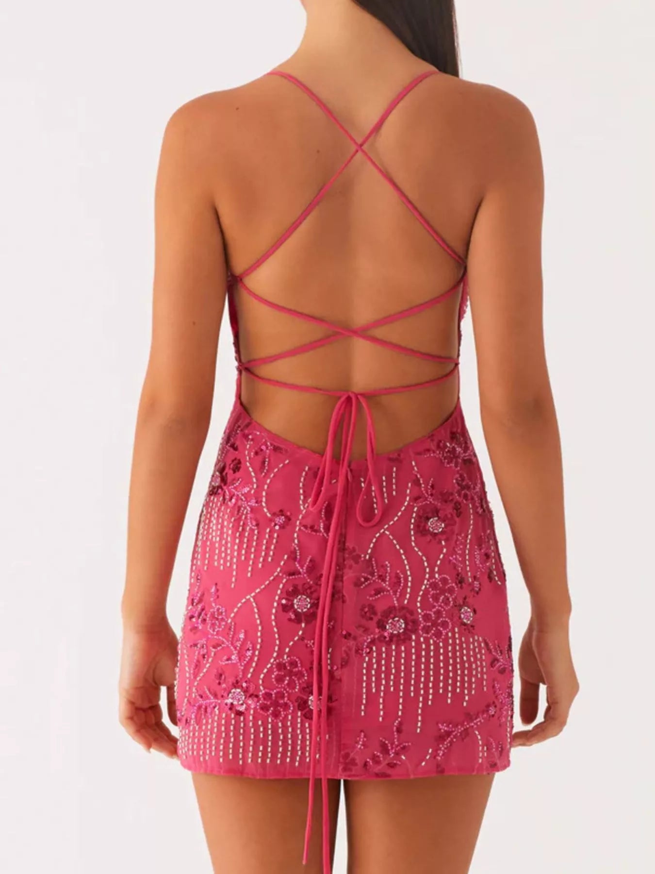 Backless Embroidered Sequin Cami Dress - Ruched & Tied.