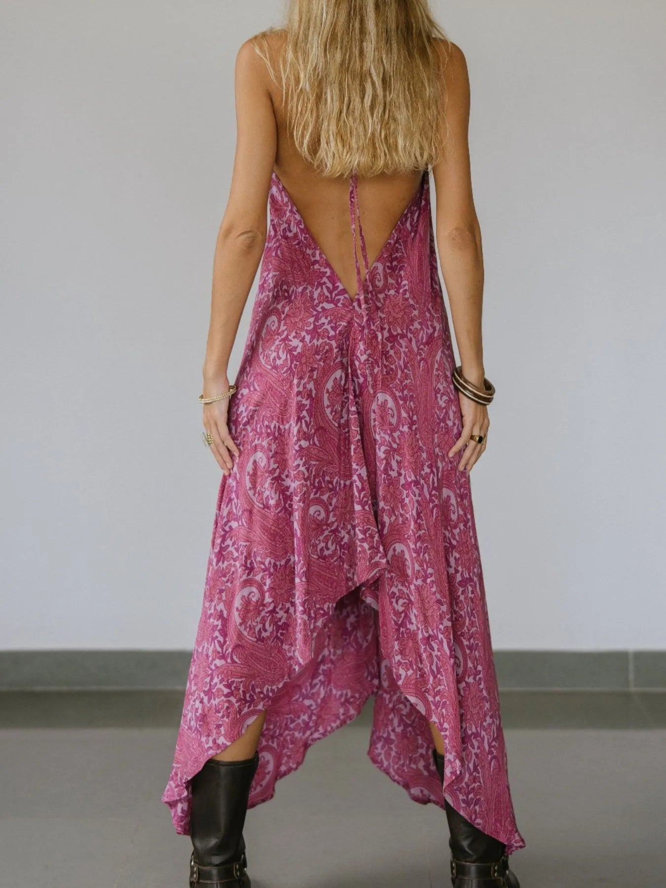 Backless Printed Halter Neck Maxi Dress - Tied.