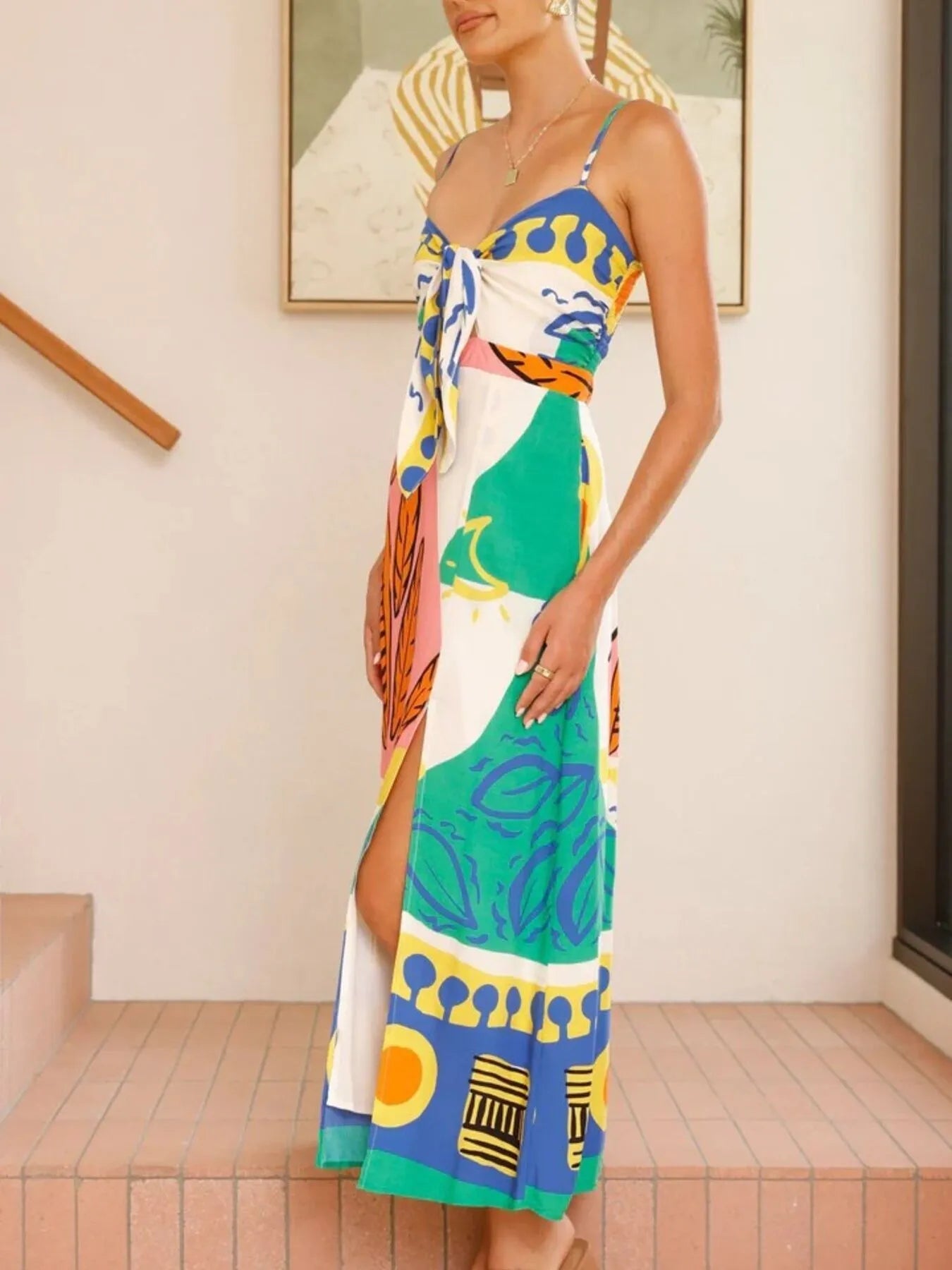 Tie-Dye Tie Waist Wrap Dress with Slit.