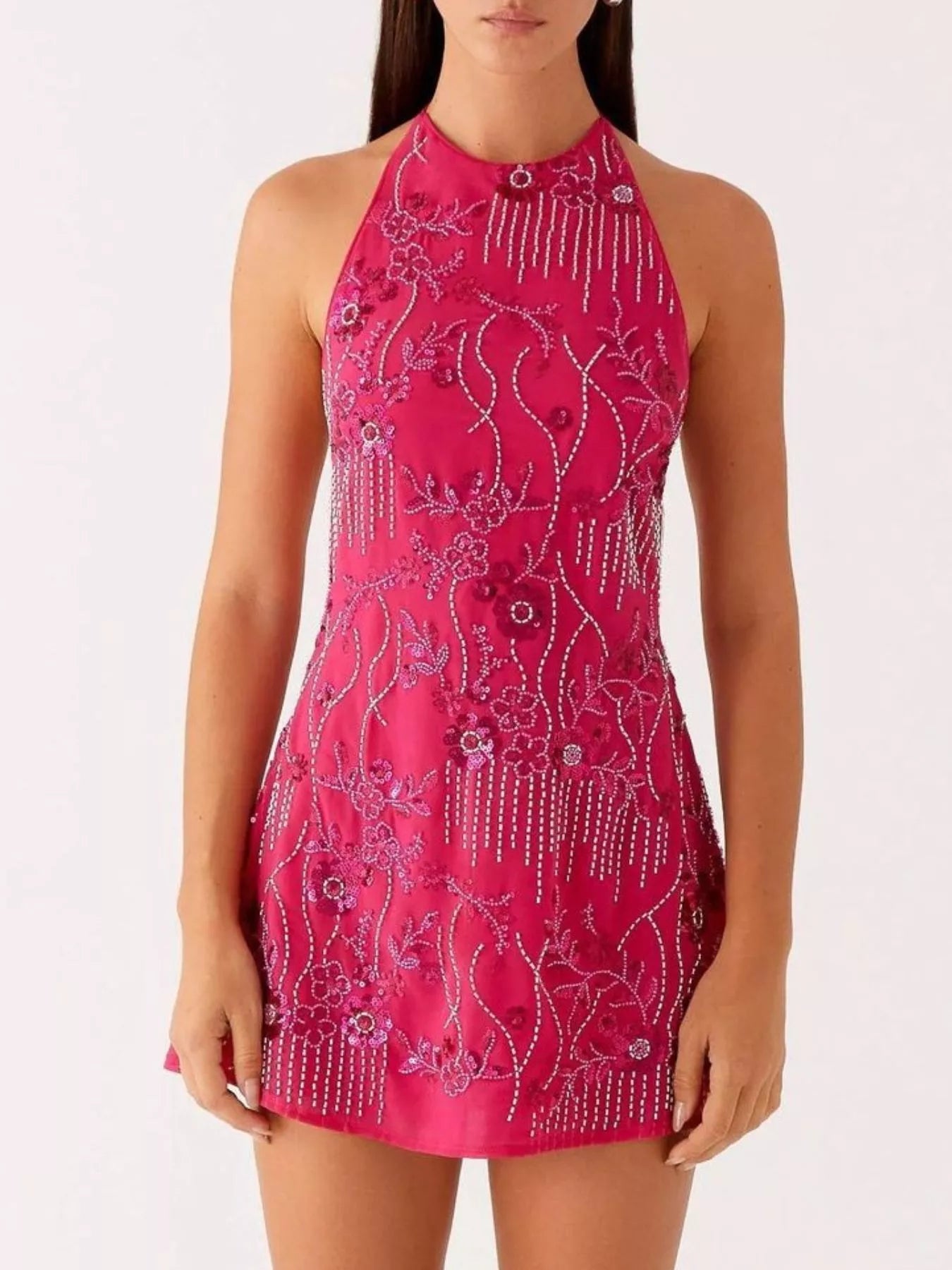 Backless Embroidered Halter Neck Mini Dress - Tied.