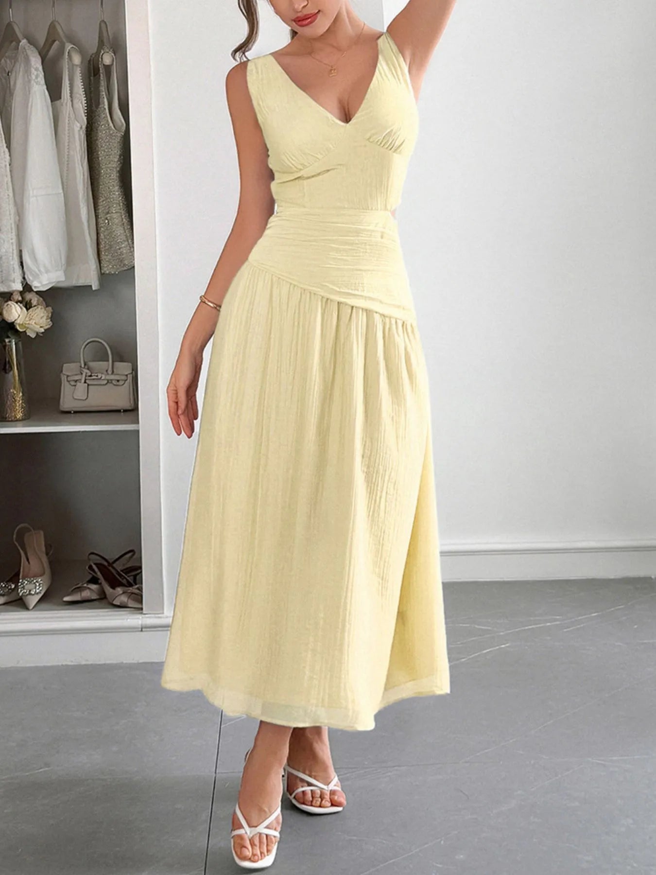 Cutout V-Neck Sleeveless Midi Dress - Ruched.