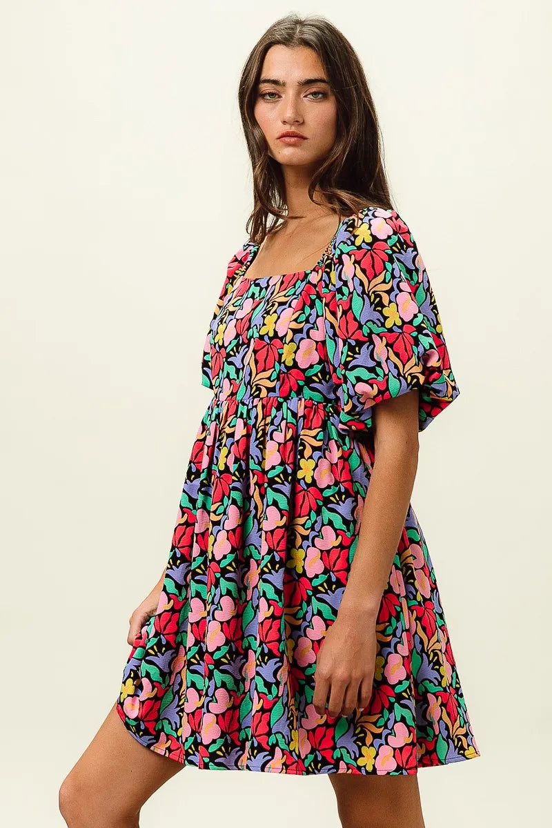 Floral Print Ruffled Hem Dress - Cutout & Tied.