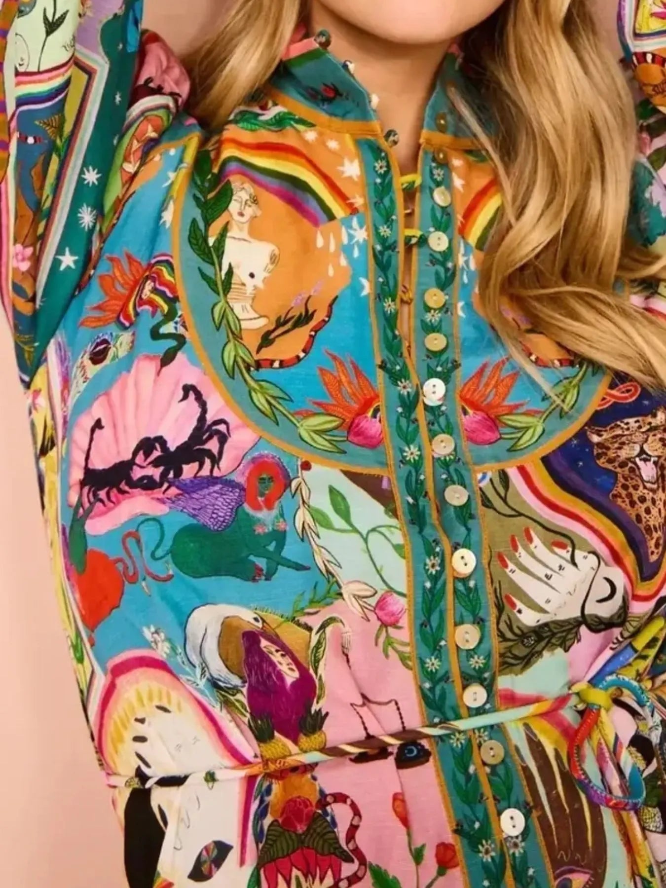 Printed Long Sleeve Shirt Dress with Belt.