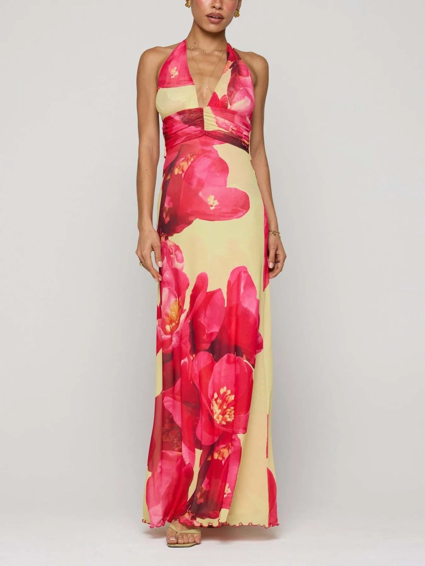 Floral Halter Neck Deep V Maxi Dress - Backless & Ruched.