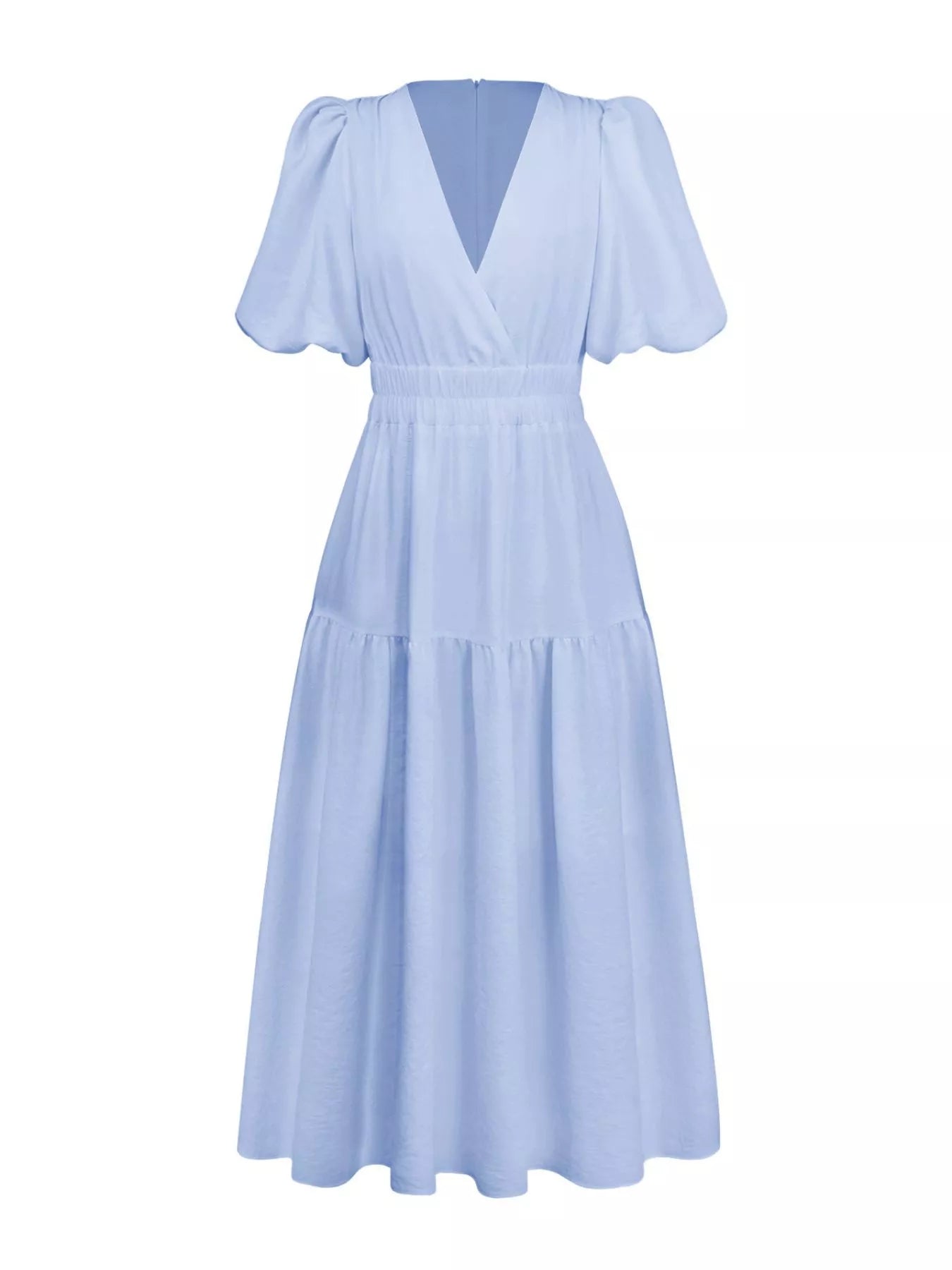 Cream tiered midi dress with a V-neck, smocked waist, and short puff sleeves