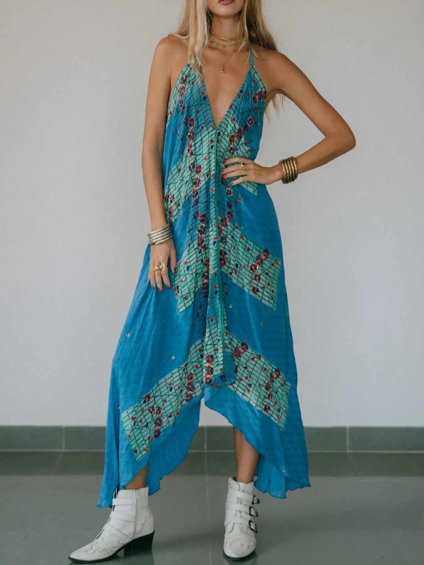 Backless Printed Halter Neck Maxi Dress - Tied.