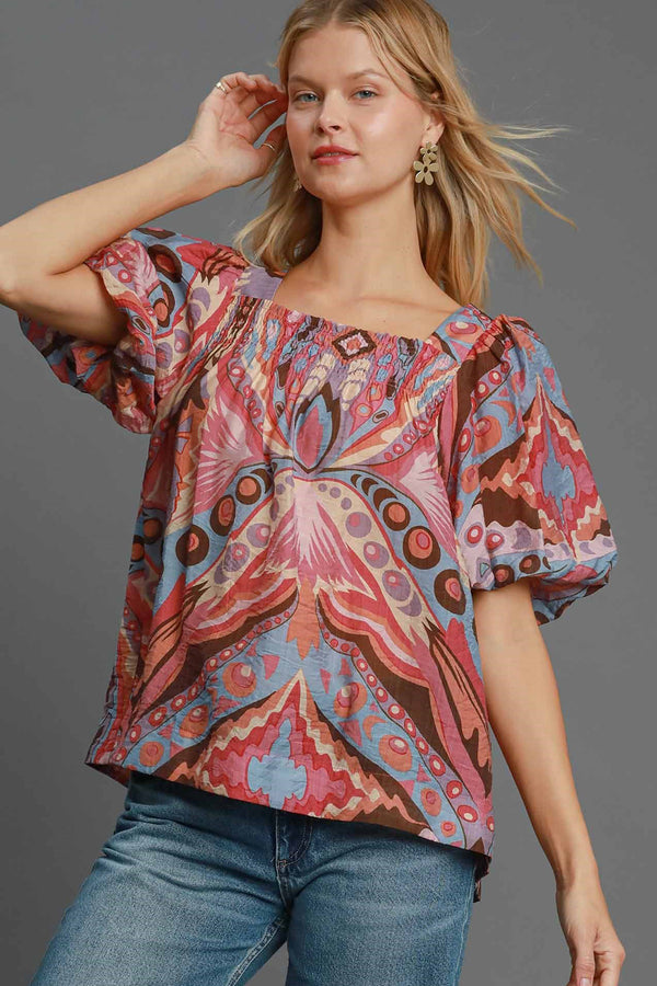 Abstract Print Smocked Square Neck Puff Sleeve Blouse